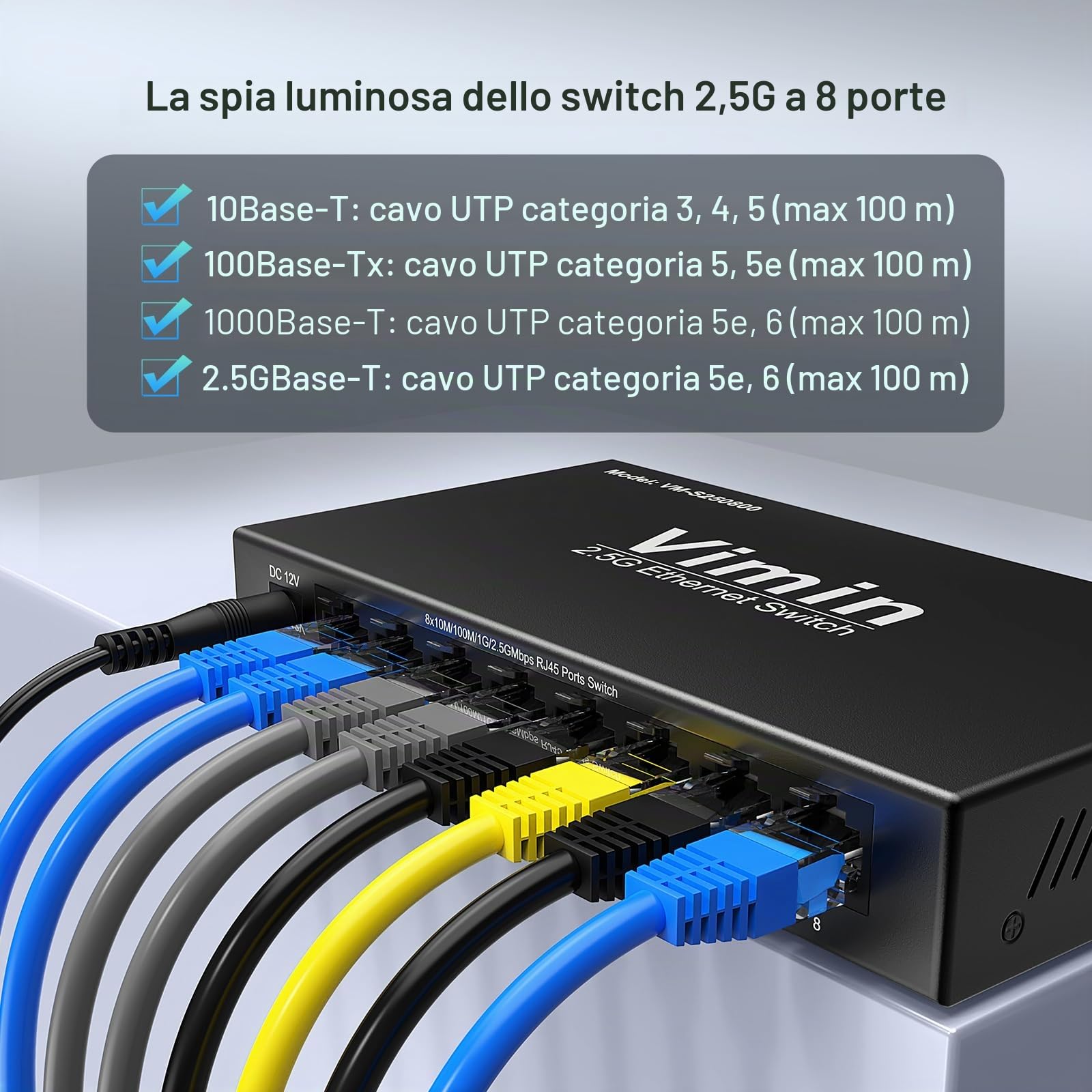 Switch non gestito 2,5G con 8 porte, VIMIN 8x2,5 Gigabit RJ45, Plug&Play, Switch Ethernet 2,5G, in metallo, per montaggio su tavolo o a parete, per reti domestiche e aziendali
