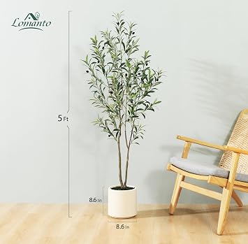 LOMANTO Artificial Olive Trees, 1.5m Long Faux Olive Trees for Indoor, Faux Olive Silk Tree, Large Olive Plants with White Flower Pot for Home Decor and New Home Moving Gift, 1 Pack