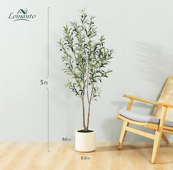 LOMANTO Artificial Olive Trees, 1.5m Long Faux Olive Trees for Indoor, Faux Olive Silk Tree, Large Olive Plants with White Flower Pot for Home Decor and New Home Moving Gift, 1 Pack