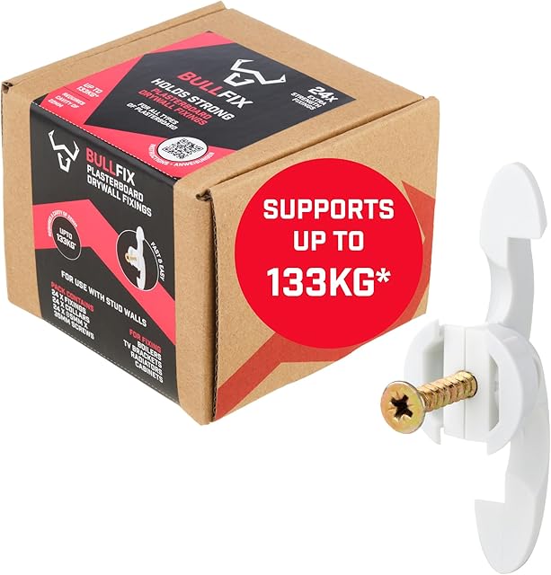 Bullfix Extra Heavy Duty Plasterboard Fixings - 24 Pack, Drywall Anchor, Wall Plug Alternative for Dot & Dab, Plasterboard Wall Plugs, Stud Wall & Hollow Cavity Wall Anchor, DIY Kit with Screws
