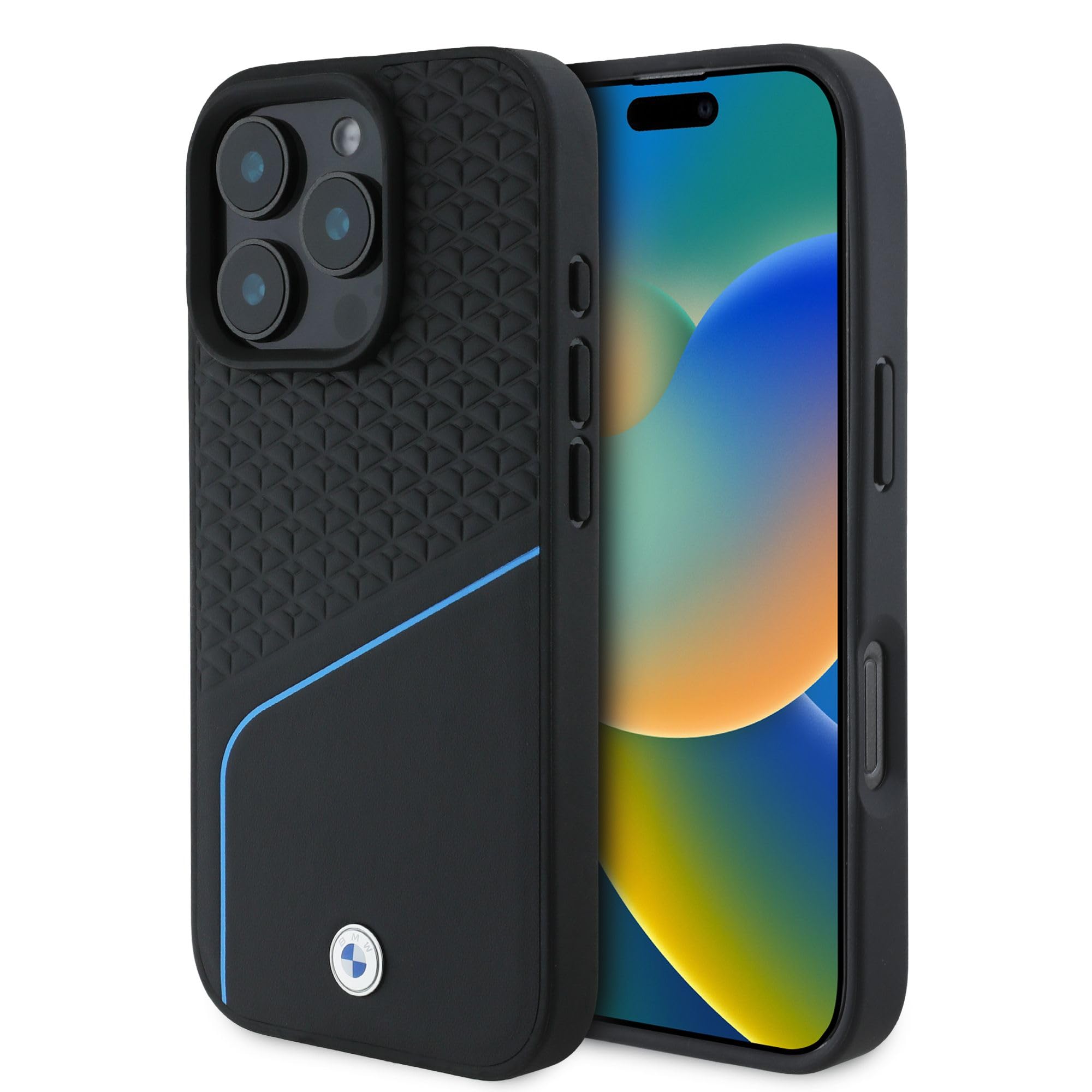CG MOBILE BMW HC M - Custodia per iPhone 16 Pro Max, durevole, antiurto, compatibile con Magsafe, custodia a rete in poliuretano a righe tricolore antracite