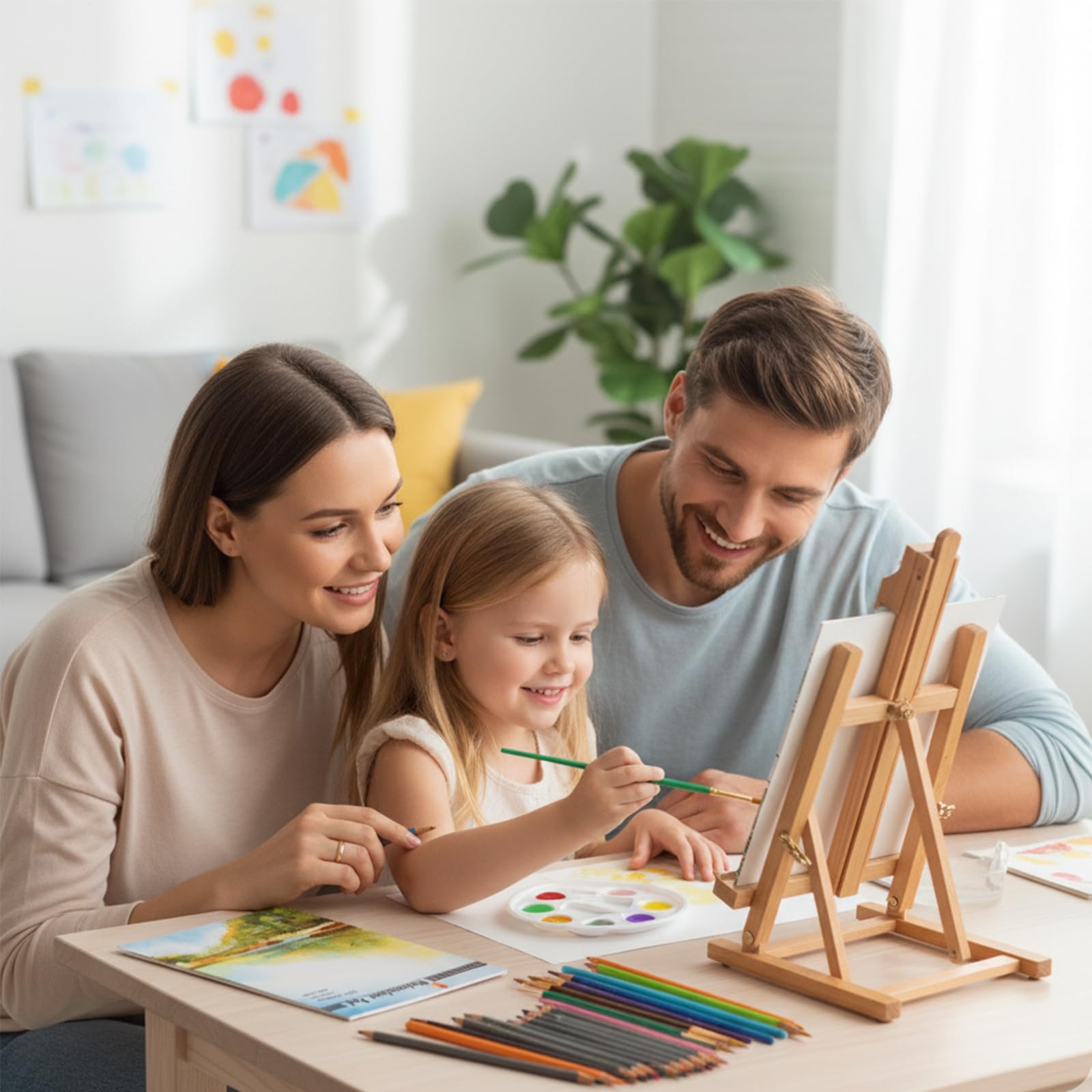 Falling in Art Juego de caballete de mesa, kit de pintura de caballete de madera portátil para niños, caballete para pintar lienzos, incluye pinturas acrílicas de 12 colores, 10 pinceles y 4 paneles