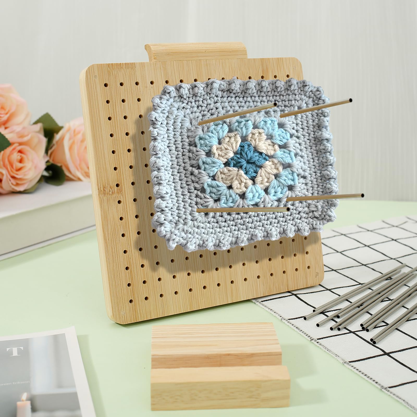 Crochet Blocking Board with 15 Stainless Steel Rod Pins Granny Square Blocking Board with Groove Wood Blocking Board Blocking Board Kit for Beginner Knitting Lover Mothers & Grandmothers