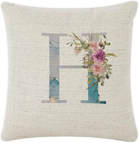 Farmhouse Cotton Linen Cushion Cover Case for Living Room Bedroom Decor Blue Watercolor Marble Floral Monogram Initial Letter H Decorative Pillow