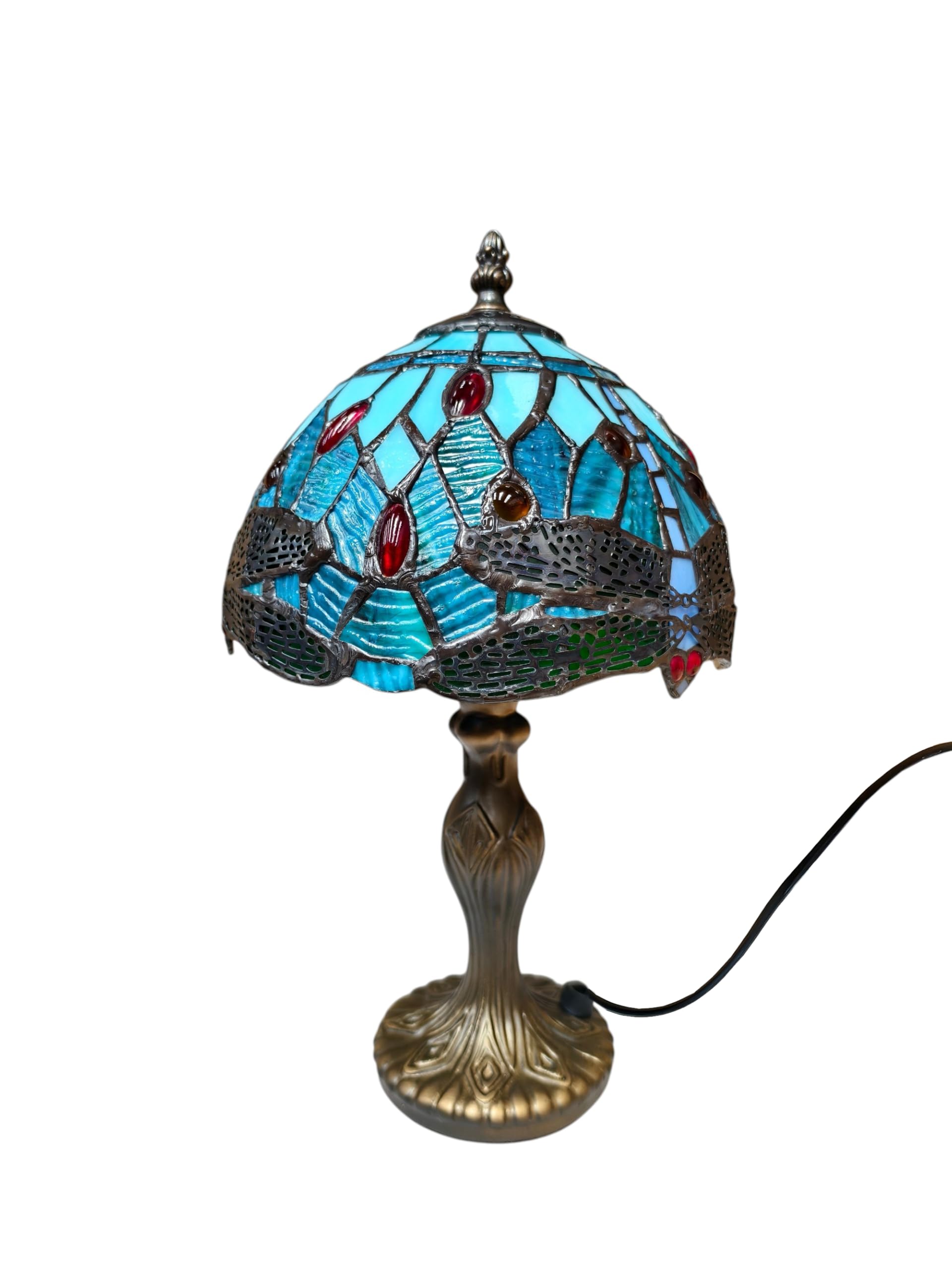 Loxton Lighting Classic Tiffany Style Table Lamp, 20cm Stained Glass Dragonfly Shade, 37cm Height, Orange (Aqua Blue)