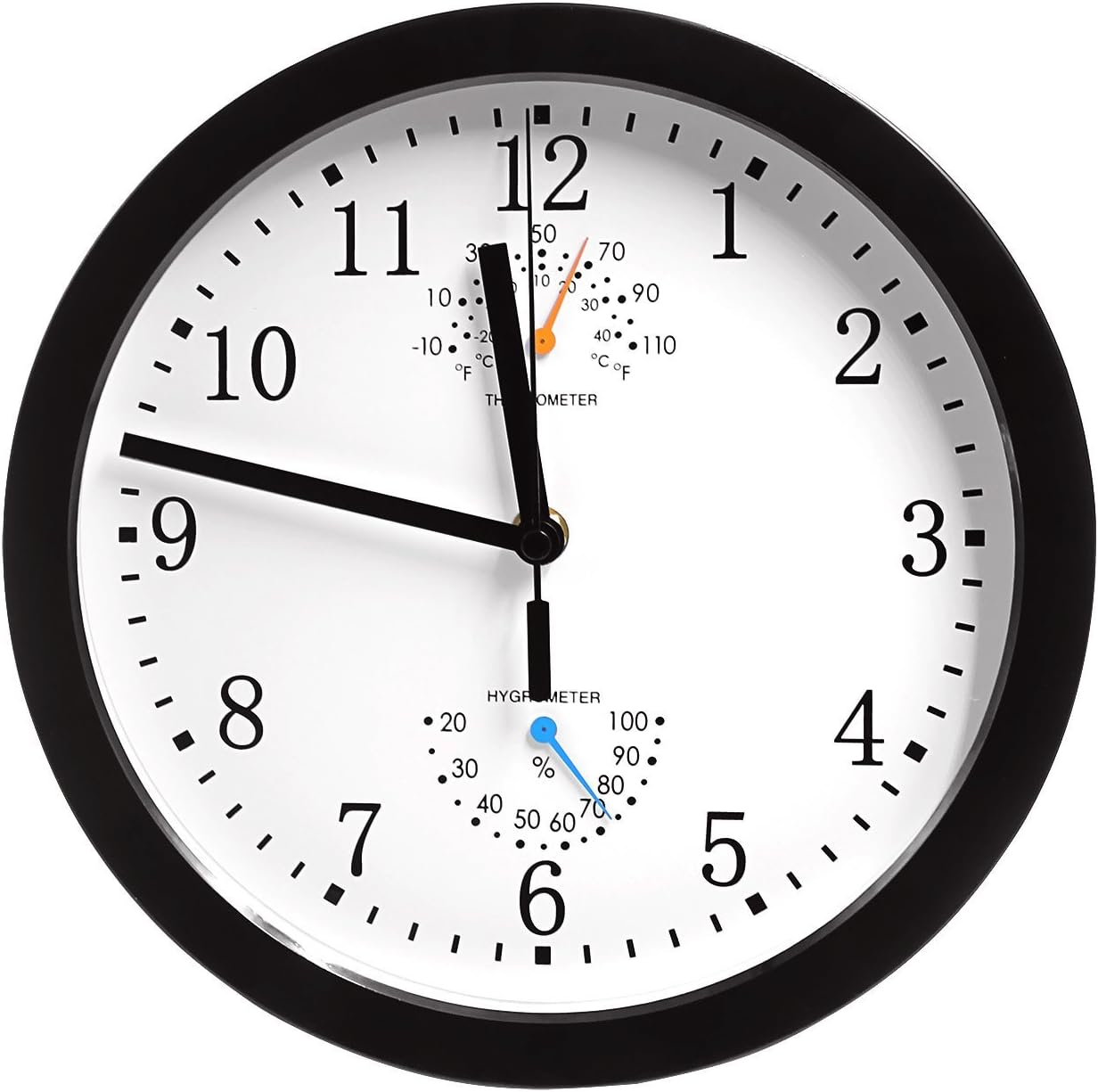 Non-Ticking Silent Indoor Wall Clock with Thermometer and Hygrometer for Kitchen/Living Room/Bathroom/Garage etc, Battery Operated