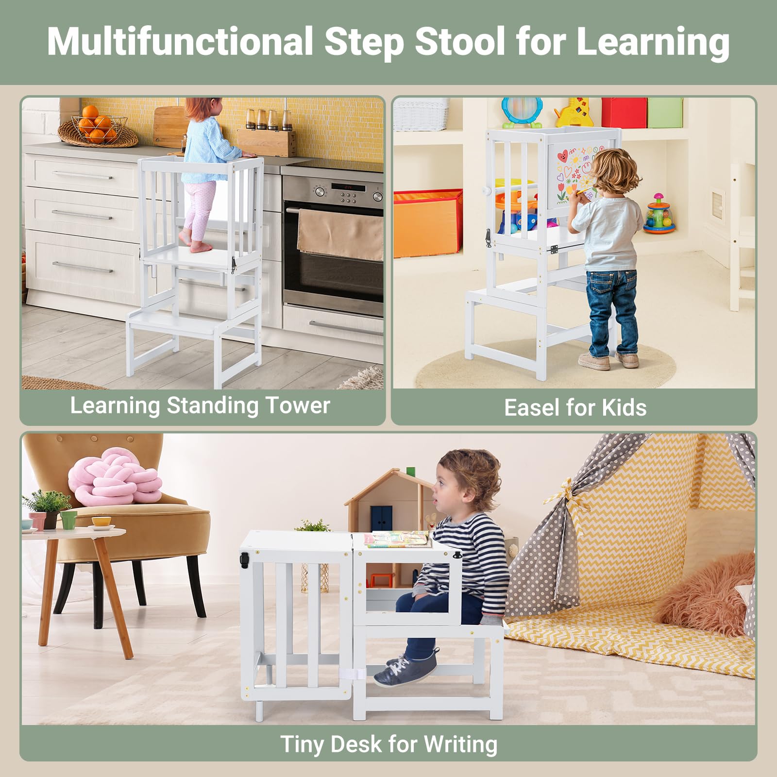COSYLAND 3-in-1-Küchenhocker-Helfer für Kleinkinder, wandelbarer Stehturm mit Whiteboard für Kinder, Badezimmer, Küche, Theke, Helfer, Mutterhelfer, Lernhocker (Weiß)