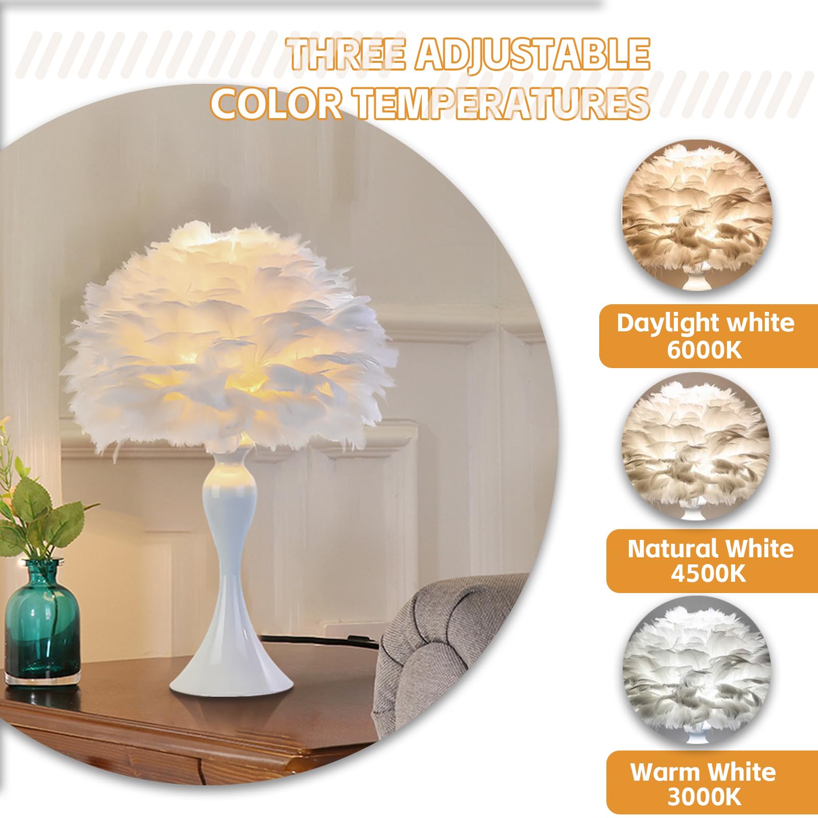 lamp Lampada da notte alta con piume bianche VGEDJY base in metallo, lampada tavolo a LED in ferro interruttore a pulsante, piccole lampade scrivania, decorazione for soggiorno, camera letto lampada