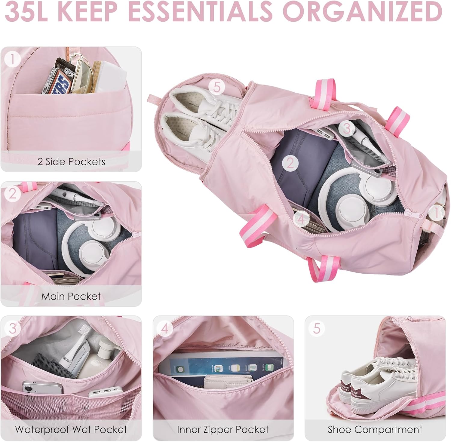 Gym Bag for Men Women,35L Small Fitness Workout Sports Bag with Wet Pocket & Shoe Compartment, Water Resistant Overnight Weekender Duffel(Pink) image 4 of 6 B0DG2CRVW3