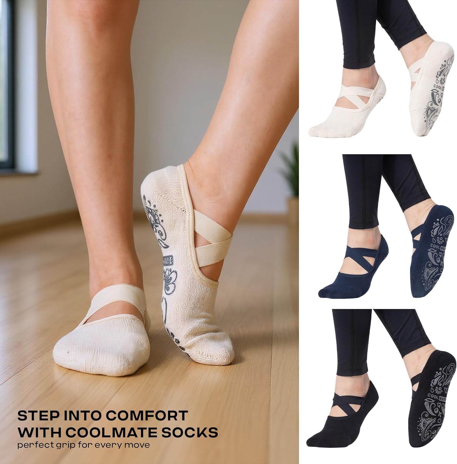 CoolMate Pilates Socks with Grips for Women, Yoga Socks, Crew Non Slip Women for Barre, Valentines Day Gifts for Her - Image 2
