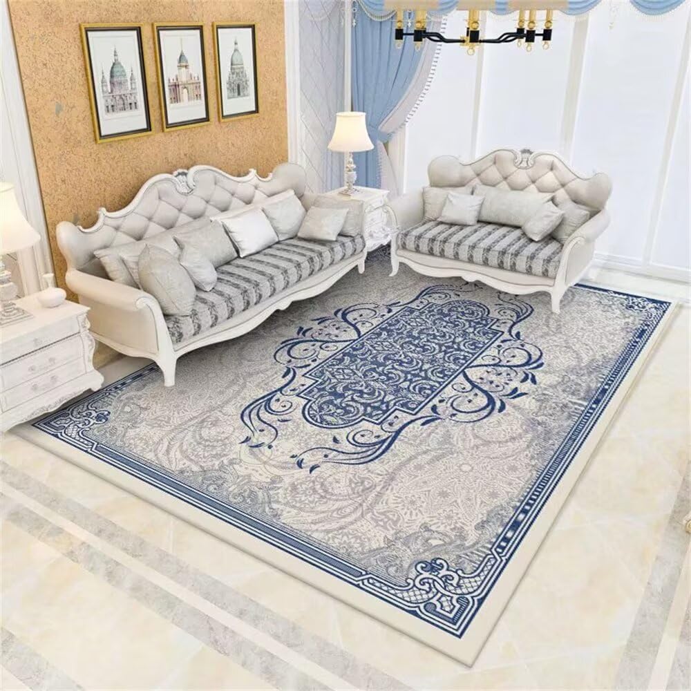 Tapis de salon bleu 300x400cm design floral rétro et grand format pour intérieur