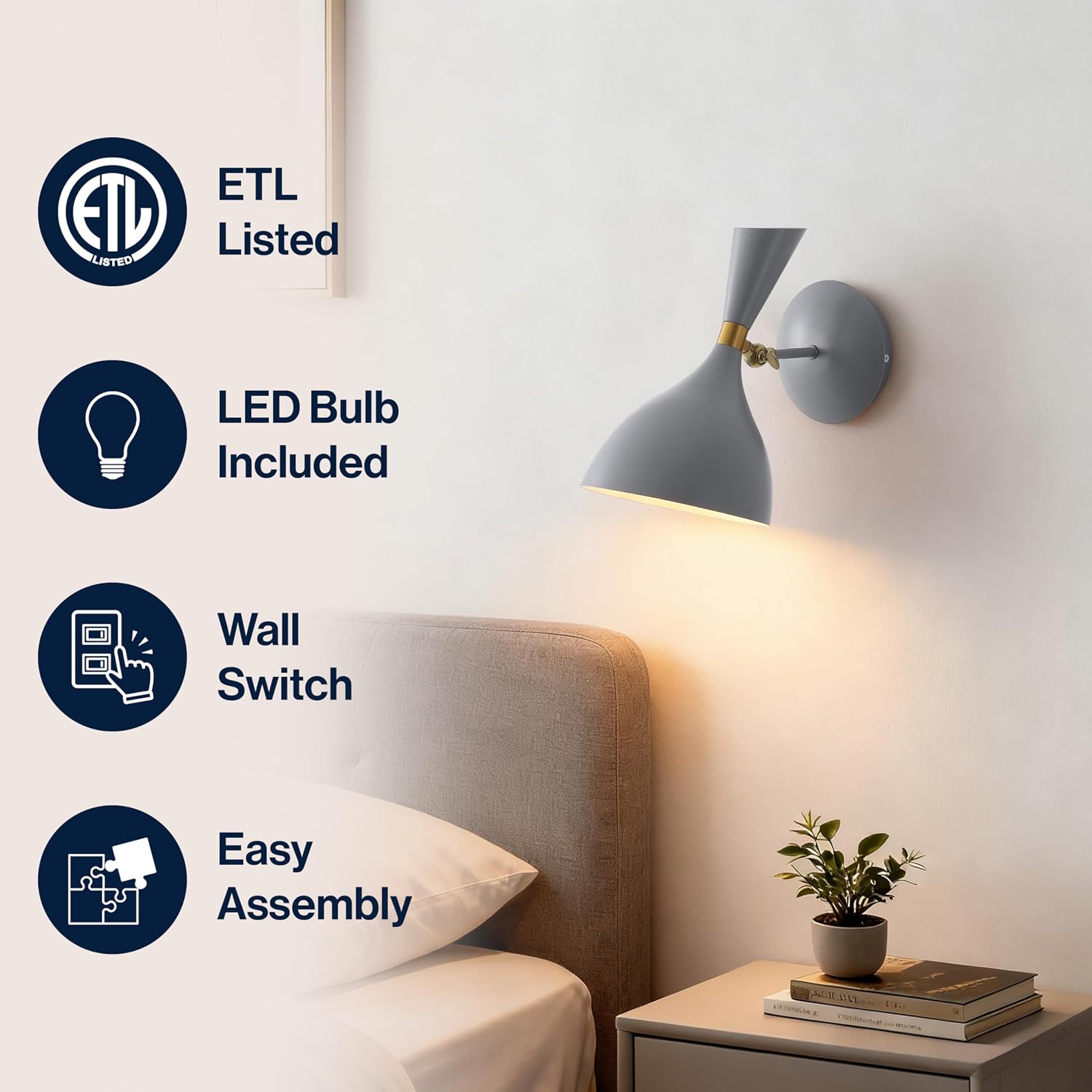 JONATHAN Y 10" Gray/Brass Gold Modern LED Wall Sconce, Retro Iron Lamp for Bedroom, Bathroom, Hallway, Adjustable Mid-Century Fixture with Black Iron Shade, LED (JYL9066D)