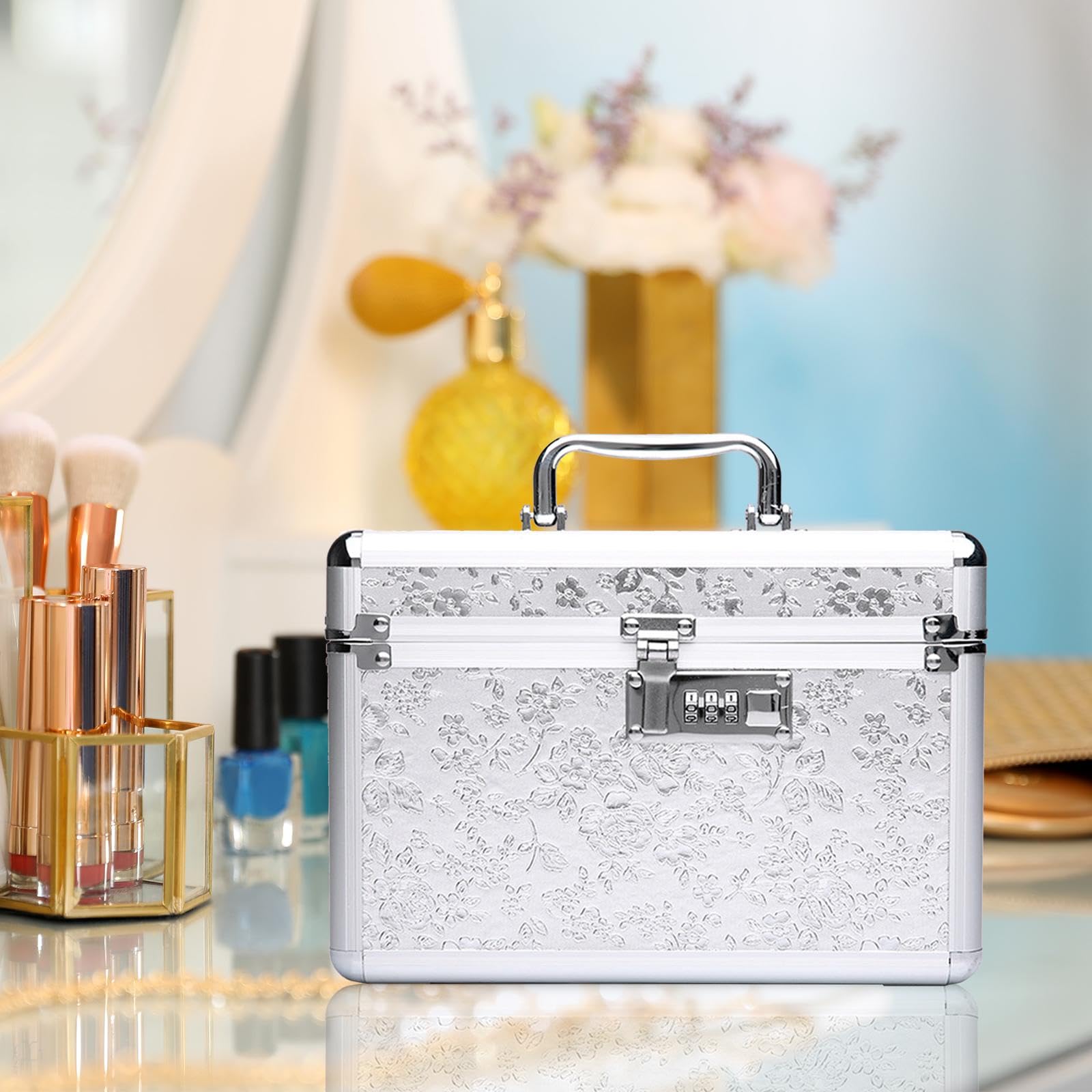 Organizer, Make Up Koffer, Wasserdichte Make Up Tasche, Tragbarer Make Up Koffer mit Spiegel, M Argent