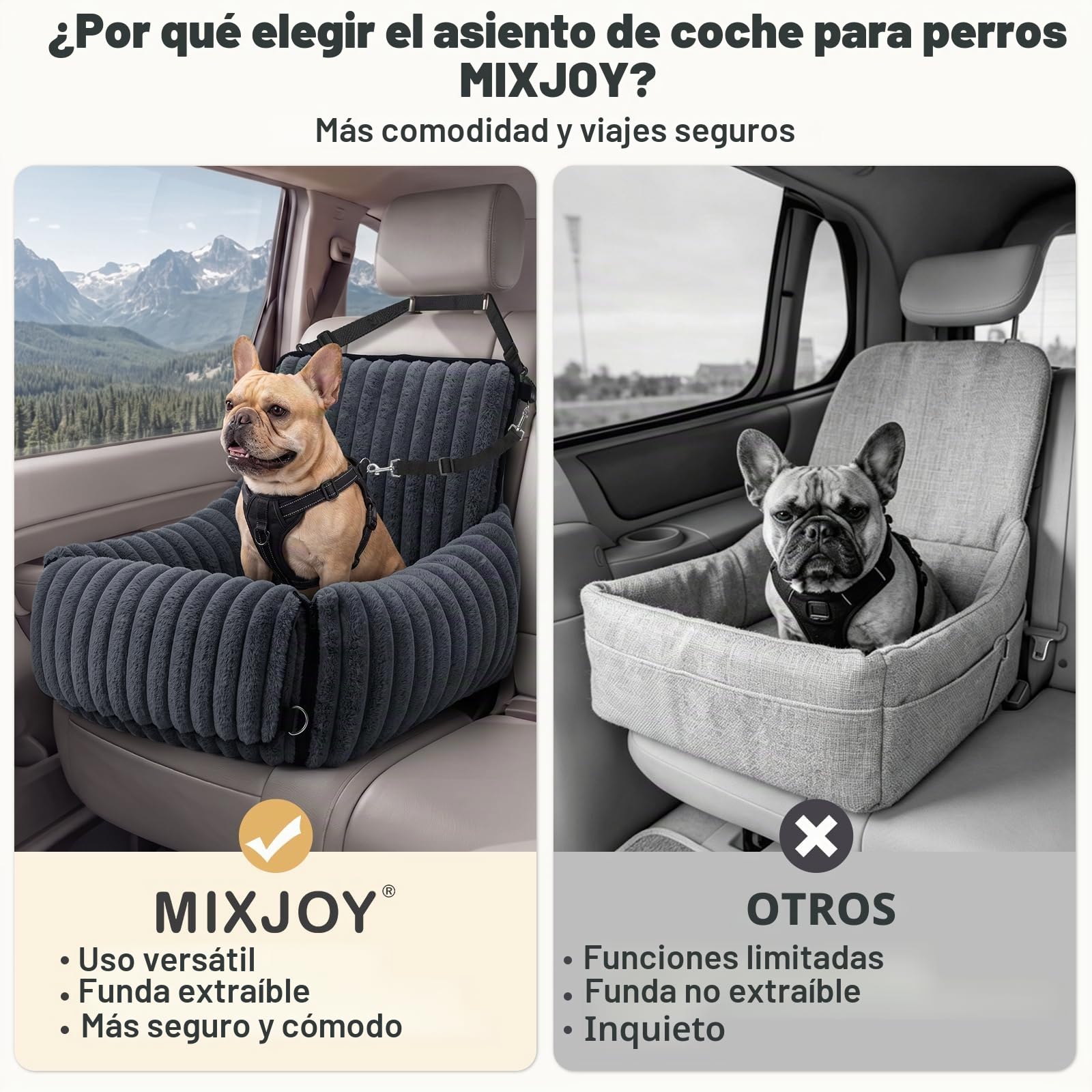 MIXJOY Asiento de Coche para Perros pequeños y medianos, extraíble y Lavable, Correa con inserción, Relleno de Espuma viscoelástica Espesa, para Asiento Trasero y Delantero (Ggris)