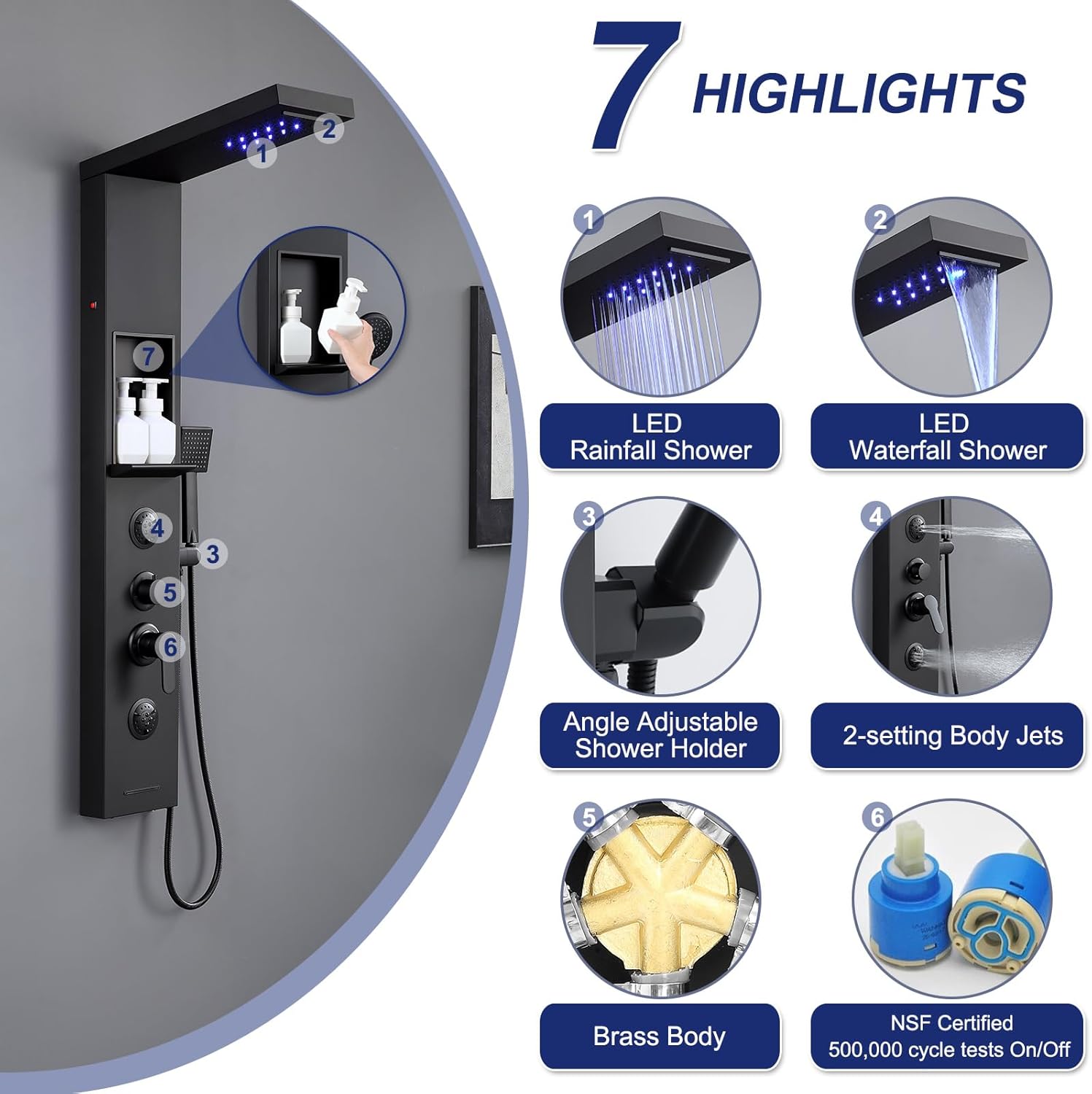 ROVATE Matte Black LED Rainfall Waterfall Shower Panel Tower System with Shelf - Powerful Stainless Steel Shower Column with Mist and Massage Body Jets, Handheld, Waterfall Tub Spout
