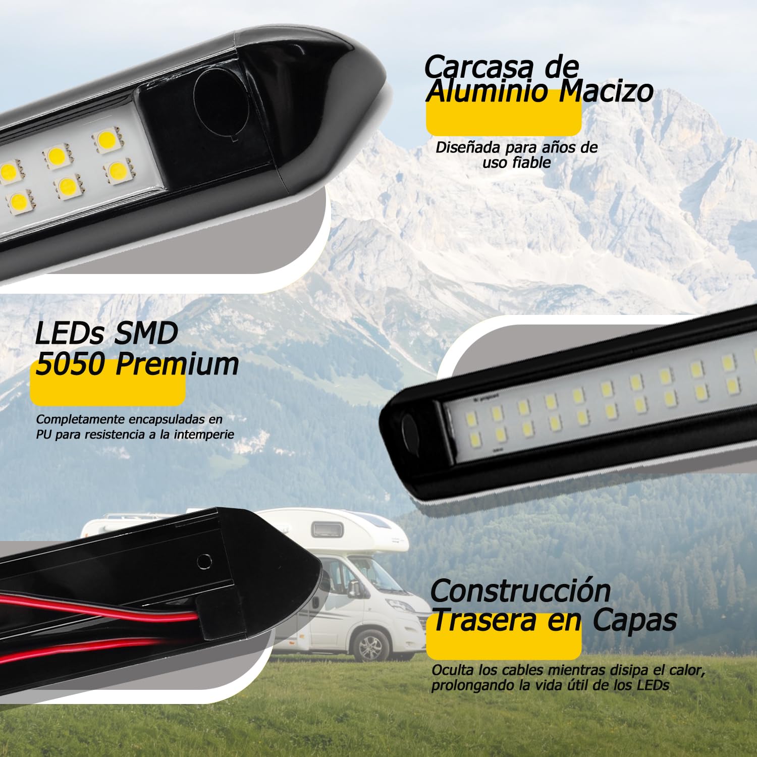 D-lite Iluminación exterior para caravana, luz LED, 12 V, 12 W, luz blanca fría 6000 K, 800 lm, IP66, barra de luz LED de 55 cm, color negro de aluminio, para exteriores, autocaravanas, caravanas