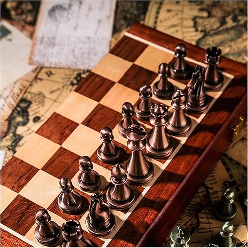 Miniatura 6 de ROLTIN Juego de ajedrez de metal para adultos de 20 x 20 pulgadas, juego de ajedrez de viaje con tablero plegable de ajedrez de madera, juego de