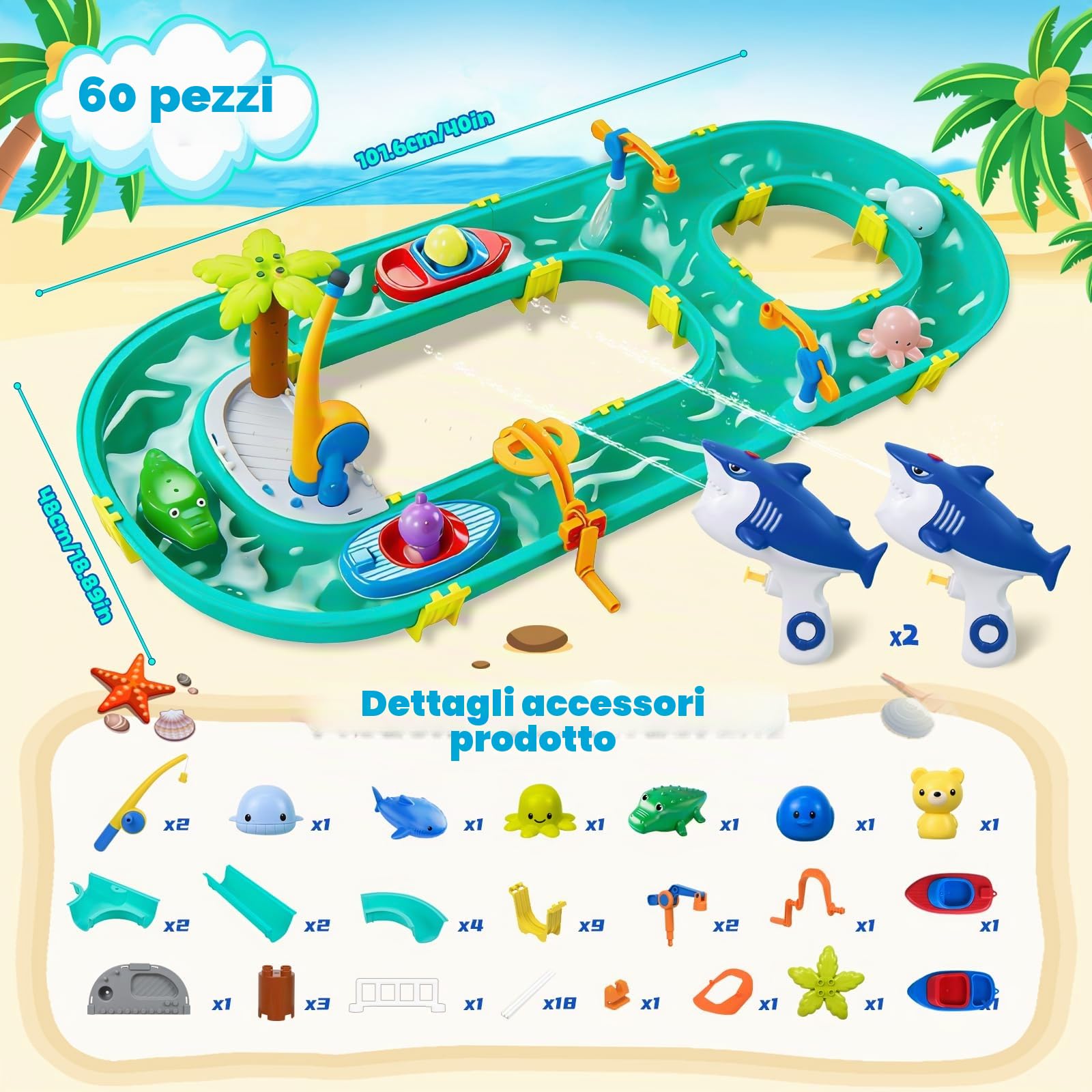 Joellfuner Pista d'acqua per bambini all'aperto, 2 in 1 giocattolo acquatico per bambini outdoor, set pista d'acqua con 2 barche, 6 figure di animali, 2 pistole ad acqua e funzione di pesca, tavolo