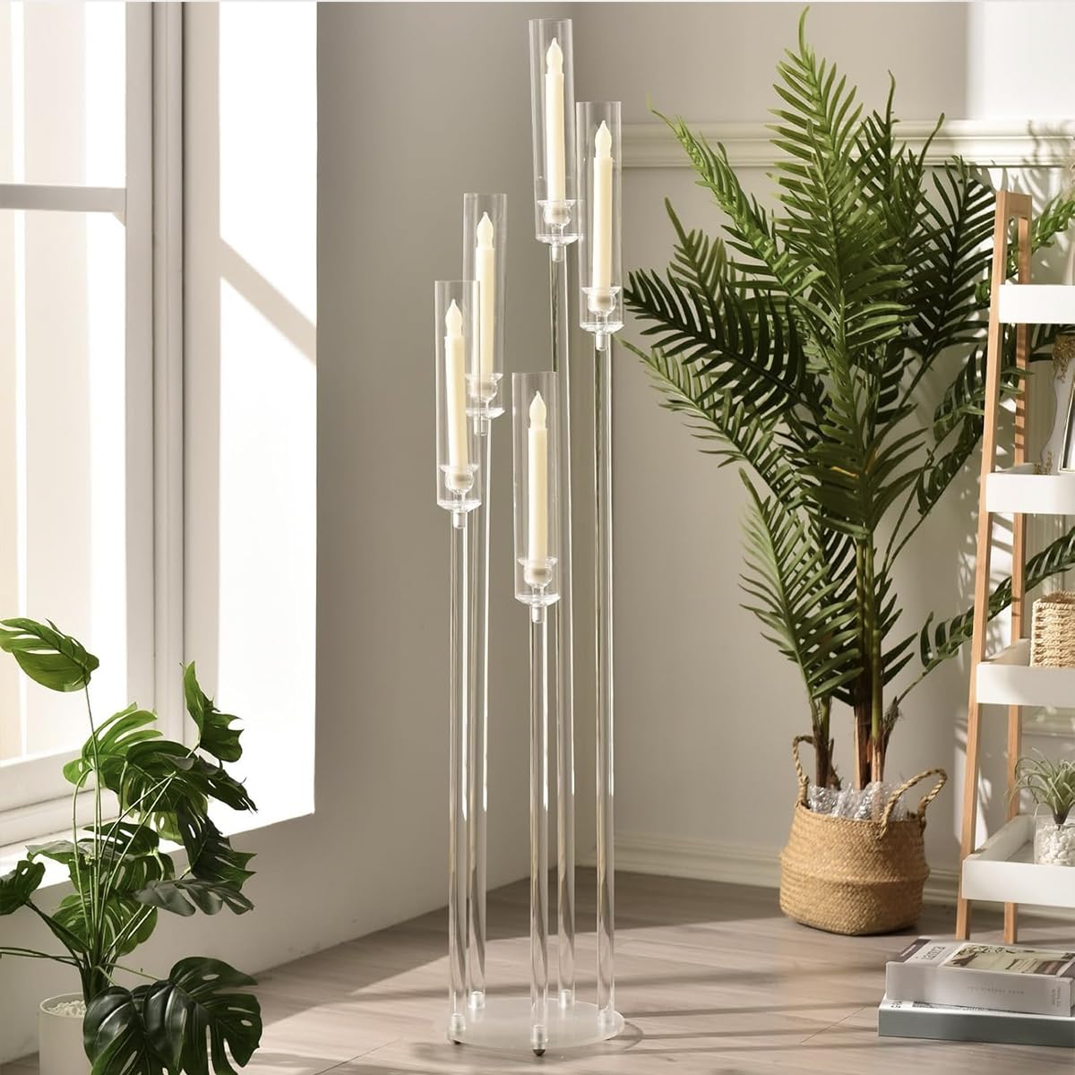 Akrylowy świecznik 5-ramienny, świecznik podłogowy o wysokości 116 cm, idealny na stół weselny, do salonu, jako dekoracja stołu, dekoracja imprezy (świece nie są dołączone)
