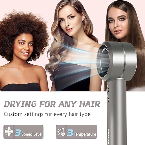 Miniatura 8 de Secador de pelo iónico sin cuchillas, difusor de 110,000 rpm, iones negativos de 984.3 ft, cable de 6.5 pies, 3 ajustes de calor y 3 velocidades,