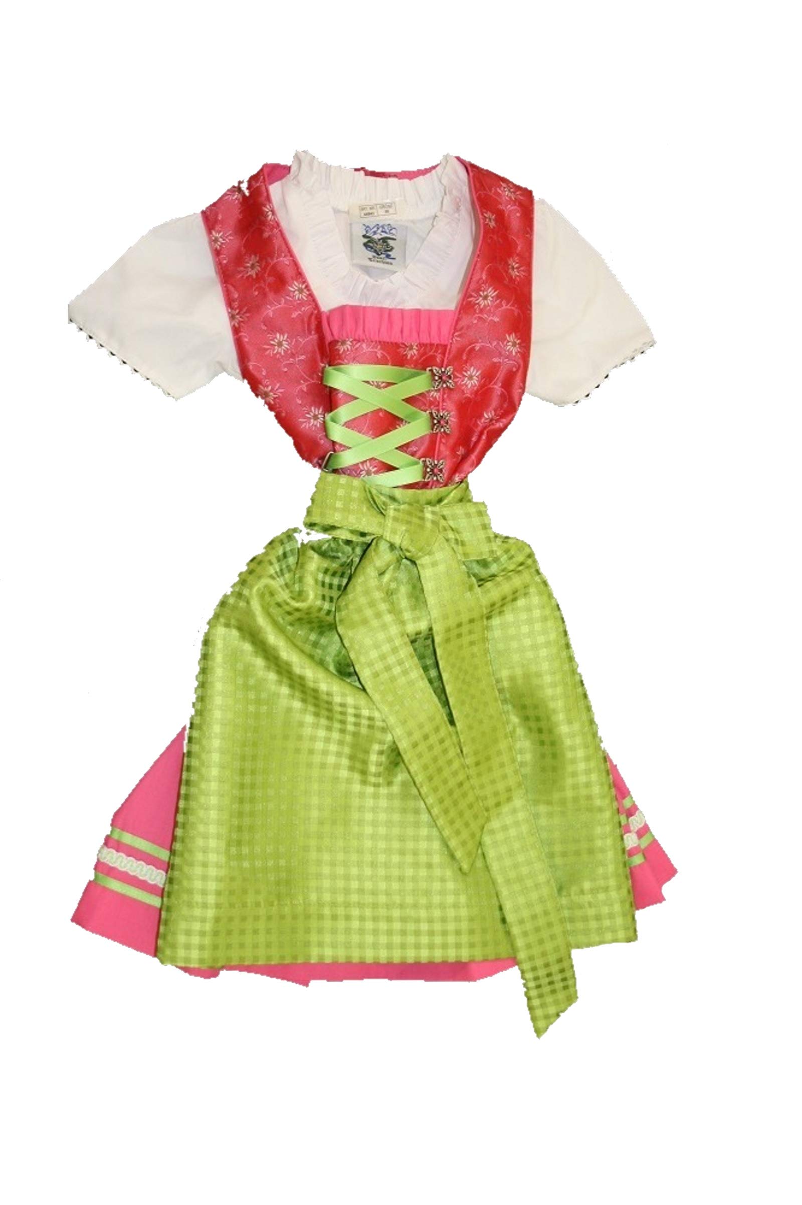 Odświętny dziecięcy Dirndl różowy z bluzką i zielonym fartuchem do stroju ludowego, rozm., Rosa, 128 cm