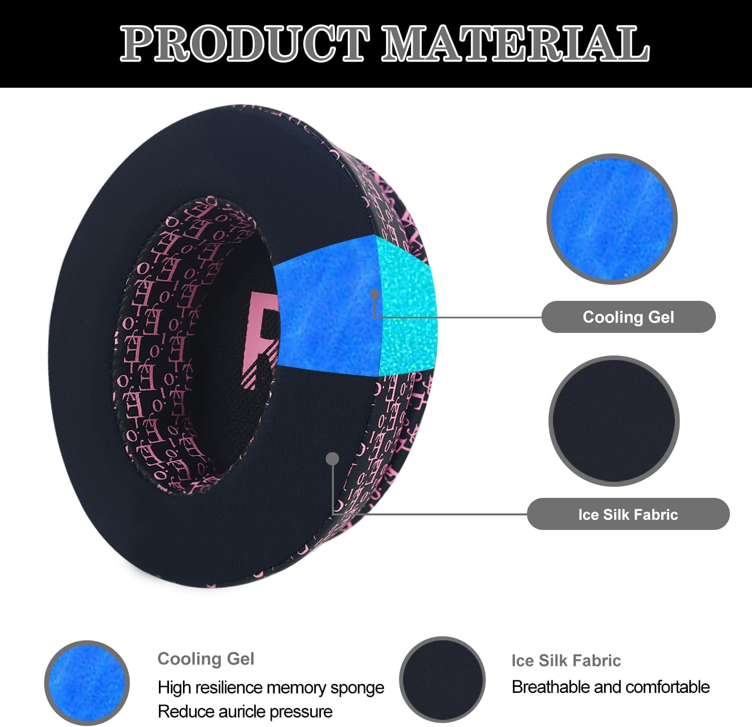 Aiivioll WH-CH710N Ear Pads Compatible with Sony WH-CH700N, WH-CH710N, WH-CH720N, ZX770BN Headphones Earpads with Ice Silk Cloth Ice Feel Gel and Memory Foam Ear Cushions (Black Pink/Print)