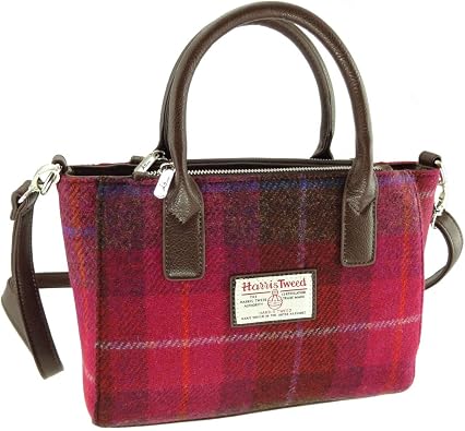 Womens Harris Tweed Small Tote Bag Brora Deep Pink Tartan