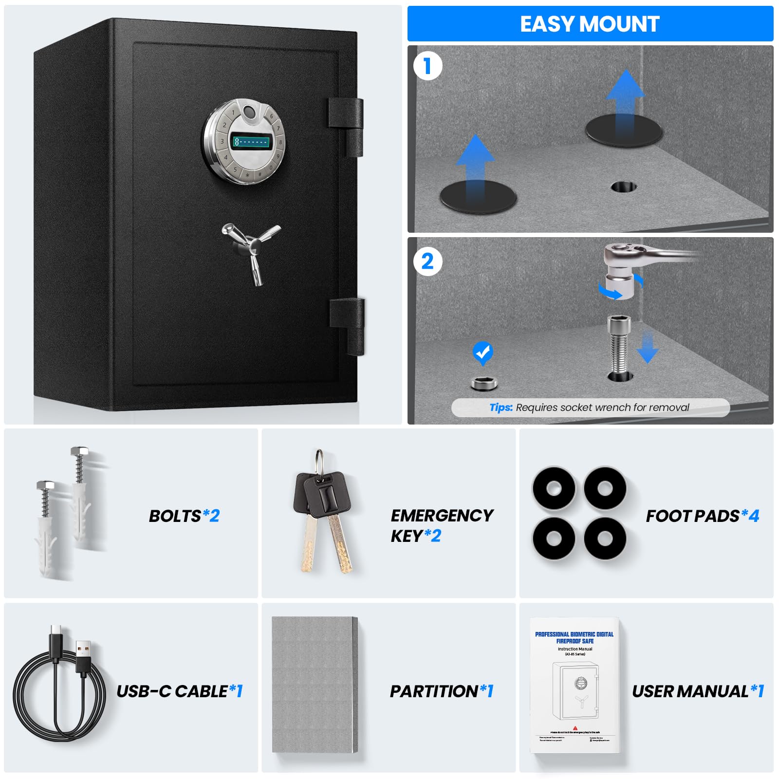Cassaforte ignifuga CuFt 6.0 con accesso biometrico - Corpo in acciaio rinforzato (oltre 40,8 kg), doppi ripiani regolabili, display LCD e guarnizione antincendio termosaldata per la sicurezza