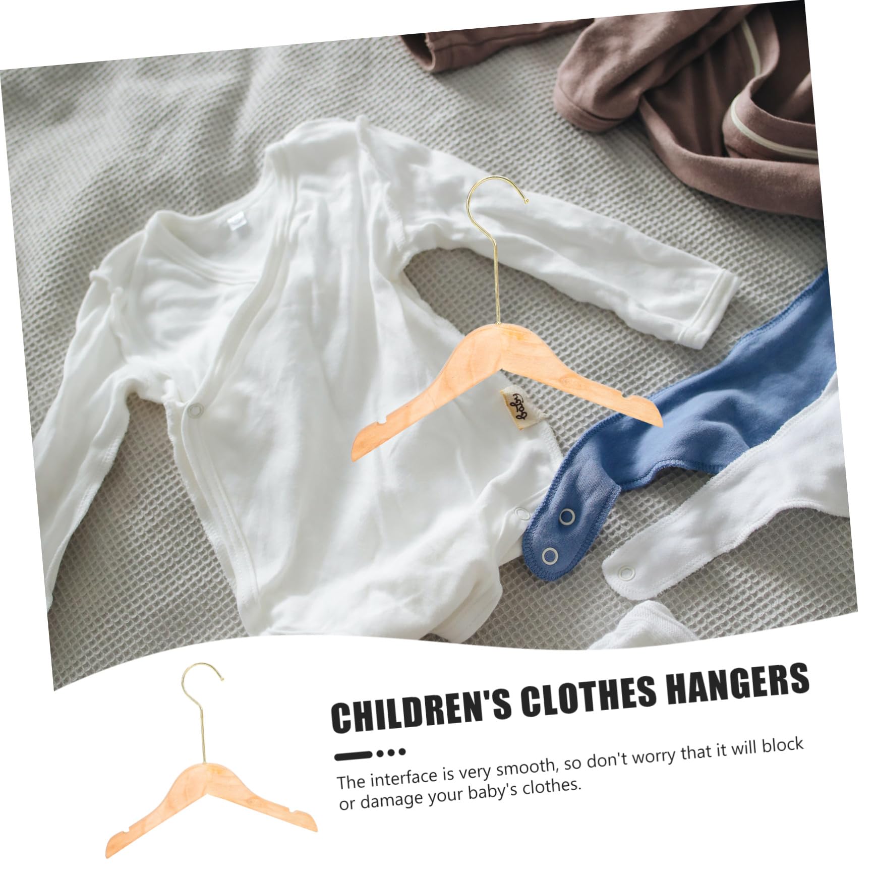 10 Perchas Infantiles de Madera sin Pintura, Gancho Dorado, Antideslizantes, Seguras para Ropa de Niños y Abrigos