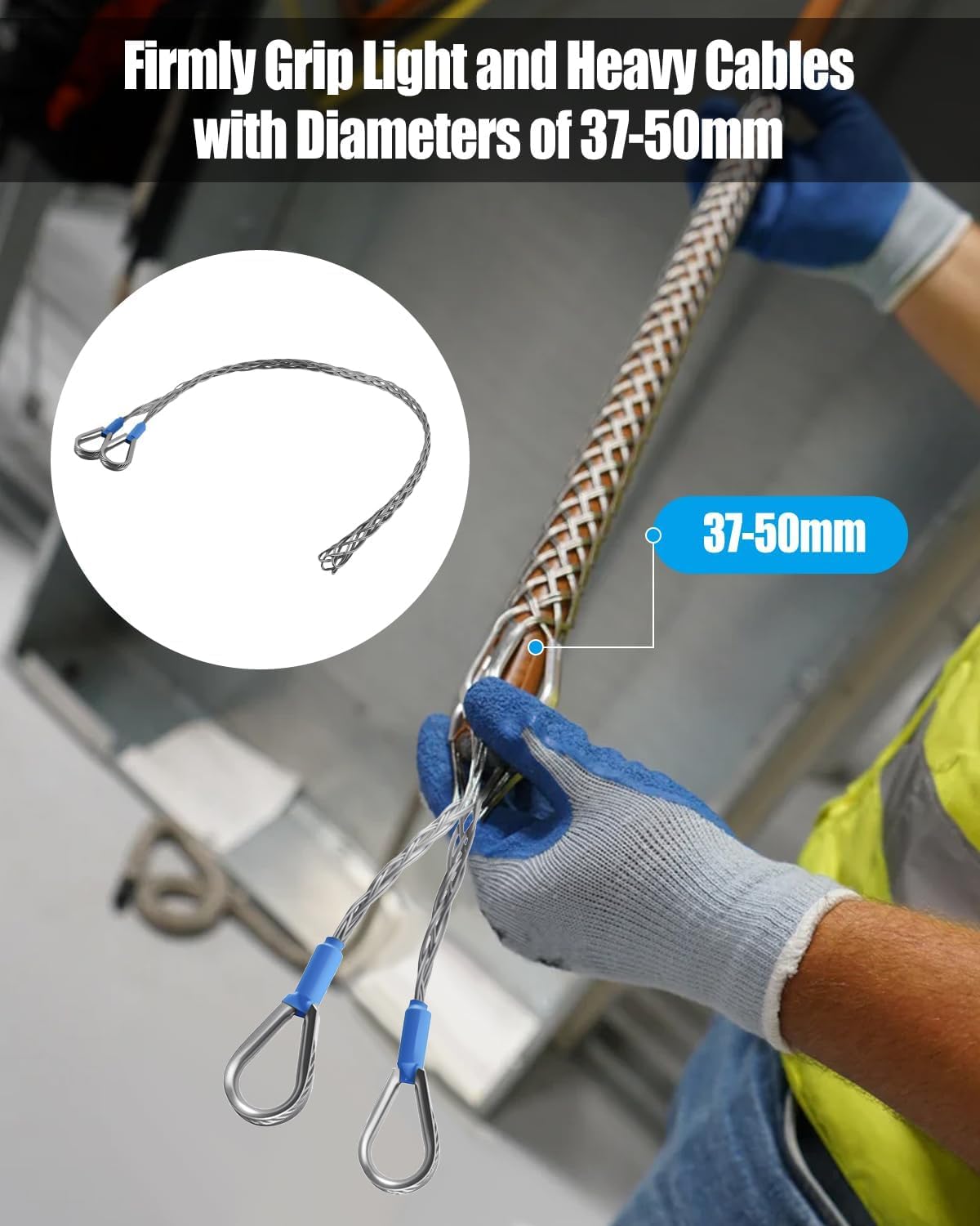 Wire and Cable Mesh Pulling Grip, Double Head Cable Pulling Socks, 37-50mm Electrical Pulling Grips Suitable for Light and Heavy Cables (D: 1.45"-1.96")