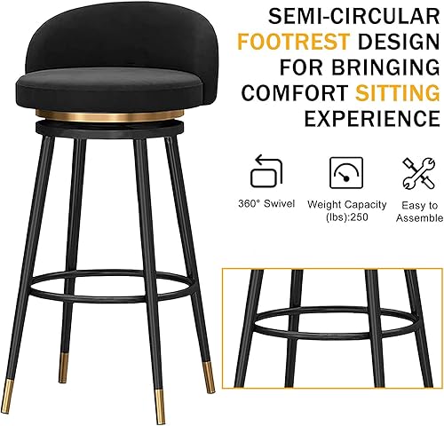 Miniatura 5 de Juego de 2 taburetes de bar de 25.6 in, giratorios de 360, de altura de mostrador, sillas de bar tapizadas de terciopelo sin brazos, sillas de bar