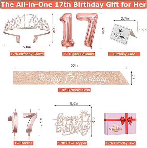 Miniatura 3 de Decoraciones de cumpleaños número 17 para niña, incluyendo tiara y banda de cumpleaños de 17 años, velas de cumpleaños de 17 y decoración de pastel,