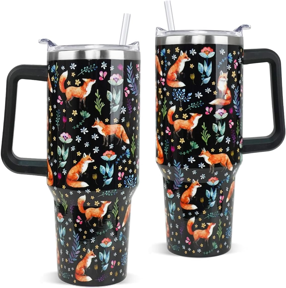 Nqhsionv Fox Tumbler 40oz Cute Foxes Theme Watercolor Flowers Cups Coffee Travel Mugs Insulated Cup with Handle and Straw Water Bottle Fall Winter Decor Gifts for Women