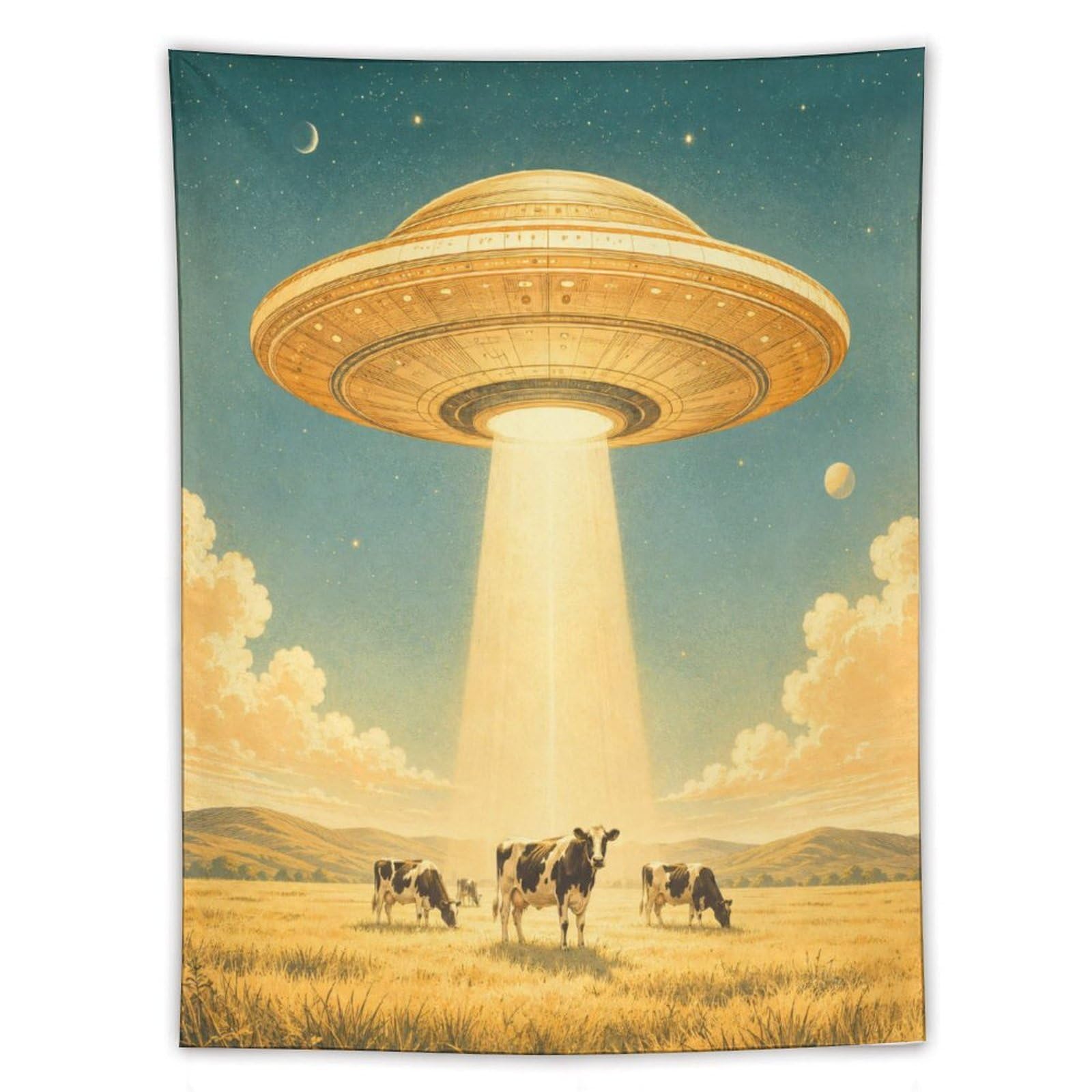 H3B8U2Y5 UFO Cattle Wheat Field Wall Tapestry, Realistic Illustration