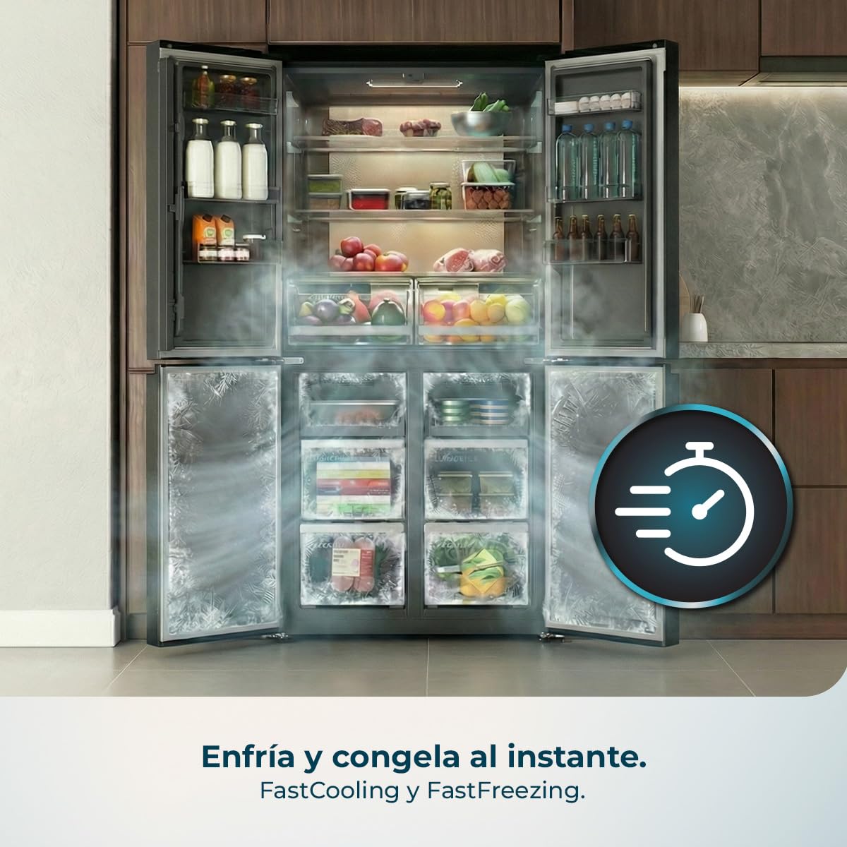 Cecotec Frigorífico Americano 4 Puertas Bolero CoolMarket 4D 503 Black Glass D. 503 L, Altura 177,5 cm, Ancho 85 cm, Total NoFrost, Motor Inverter, Multi AirFlow, Display Táctil