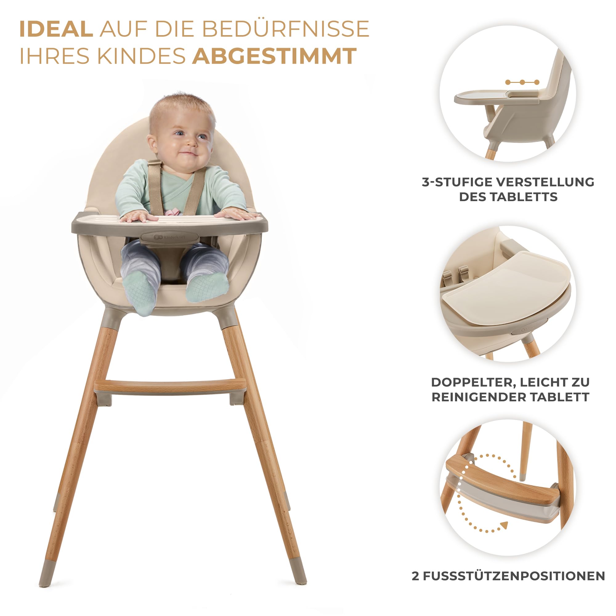 Kinderkraft Hochstuhl FINI2 2 in 1, Kinderhochstuhl, Babystuhl, Kombihochstuhl, Beine aus Holz, Sicherheitsgurte, Fußstütze, Doppeltablett, ab 6 Monate bis 5 Jahre, 5 Punkt Gurte, Beige