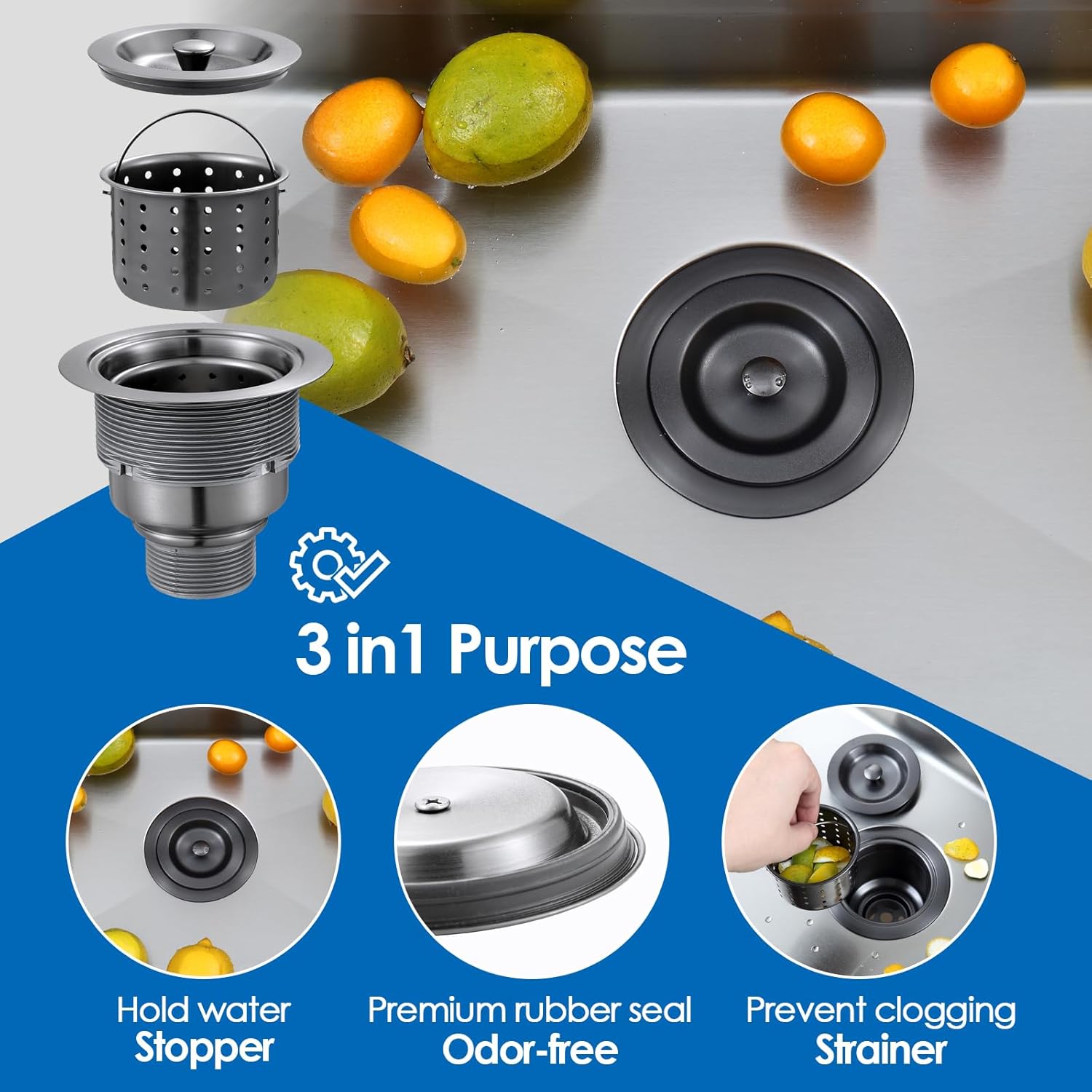 ROVOGO 3-1/2 inch Kitchen Sink Drain Assembly Kit with Removable Deep Strainer Basket, Stopper and Tailpiece, 304 Stainless Steel Drain with Extended Threads for Thicker Sinks, Black