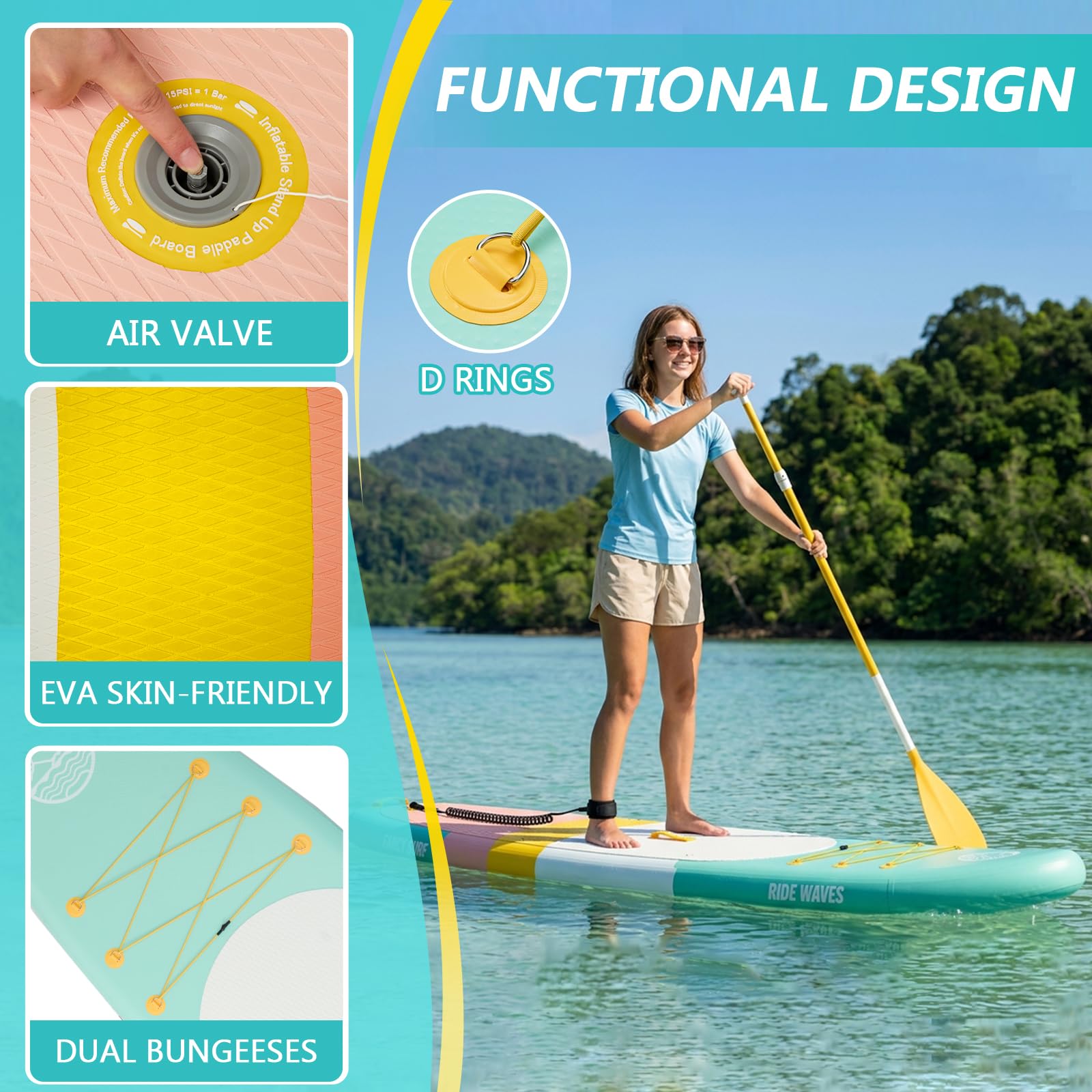 Paddle Gonflable Adulte 351×89 cm, Charge 200 kg Livrée avec Pompe, dérives, Sac à Dos, Accessoires et Pochette téléphone étanche, idéale pour pêche, Yoga et randonnée Aquatique