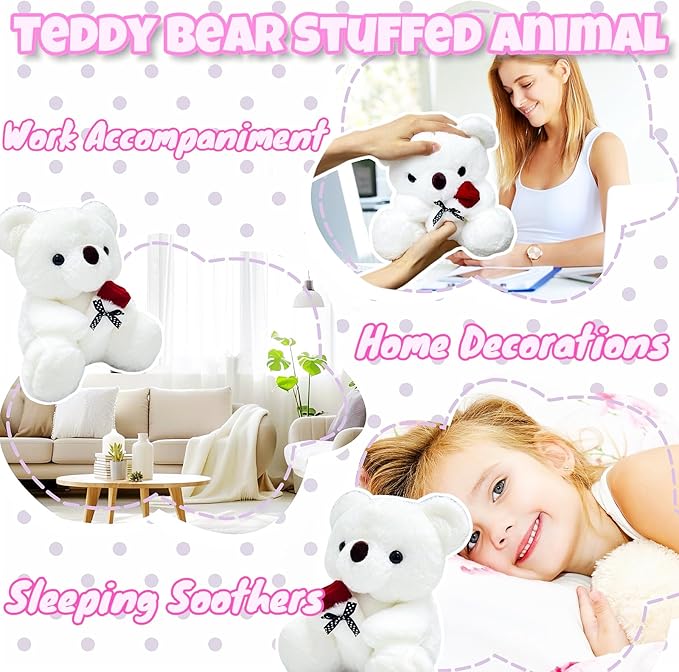 Oso de Peluche Blanco de 10 Pulgadas Sosteniendo Rosa miniatura 5