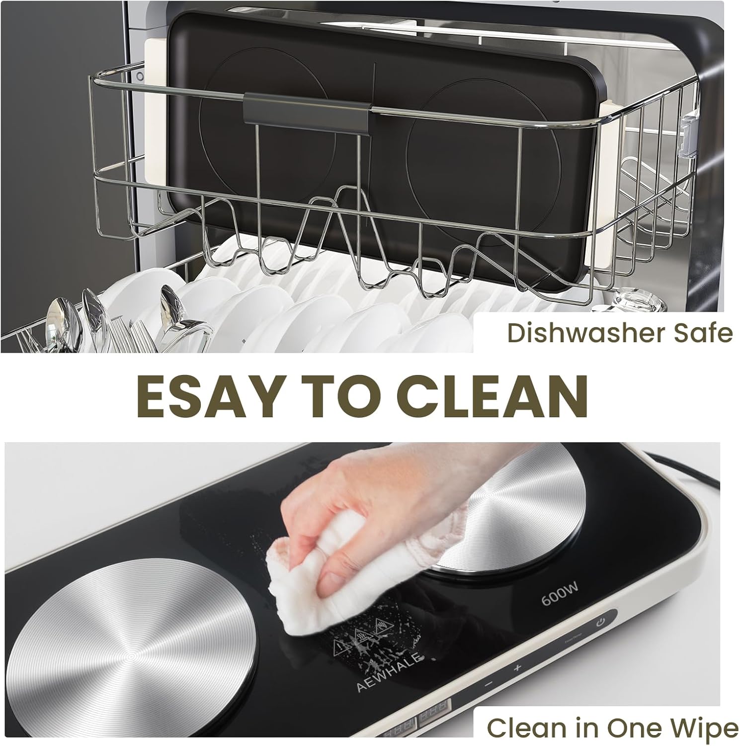 AEWHALE Countertop Double Burners with Removable Griddle Pan Non-stick,1200W+600W Electric Hot Plate with Sensor Touch for Adjustable Temperature/Time