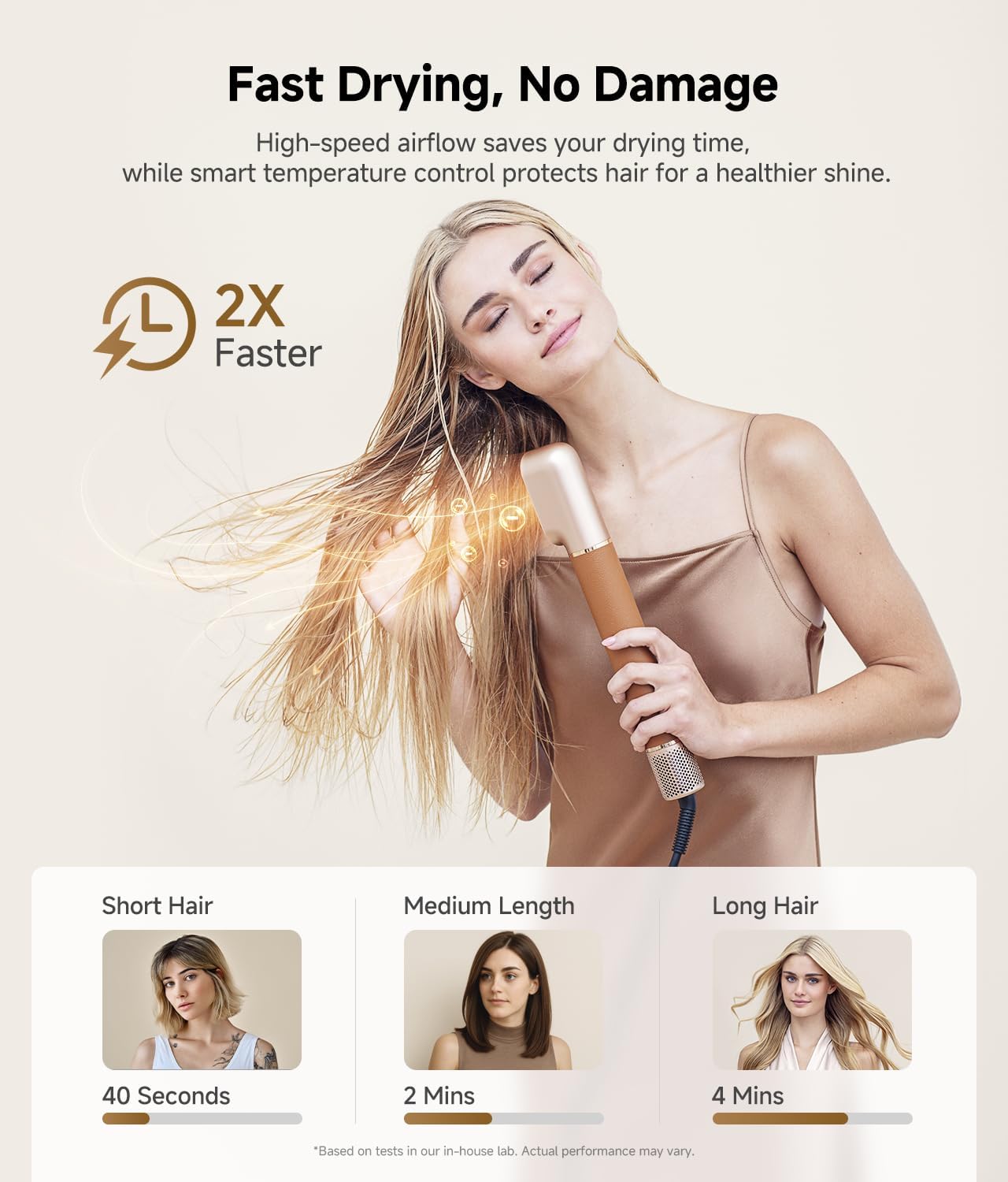 Woman drying hair with DREAME AirStyle Pro, illustrating fast drying times