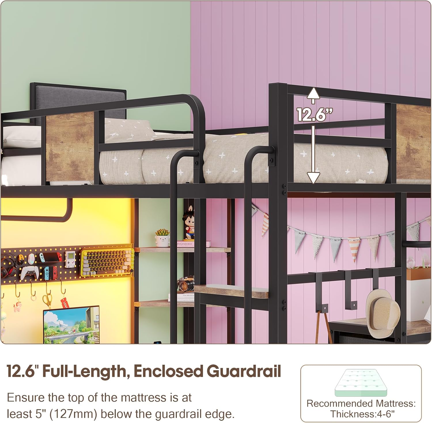 Twin Loft Bed with Desk, Twin Bed Frame with 6 Storage Drawers, 2 Bedside Organizer,3 Movable Hooks,LED Lights & Charging Station,Bunk Bed with Desk, Clothes Rack,Safety Guardrail,Rustic Brown