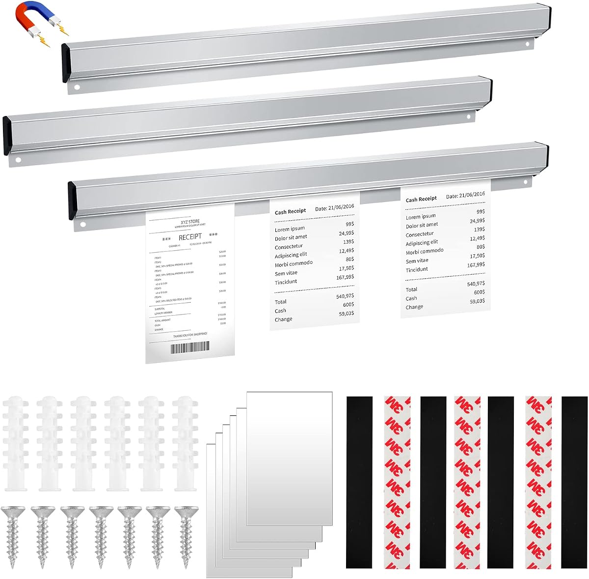 3 Pcs Ticket Rack Magnetic Note and Paper Holder Aluminum Slide Check Rack Ticket Holder for Restaurant with Strips Bill Orders Display Rail for Kitchen Restaurant Office Cafes Bar Pubs Note Organizer