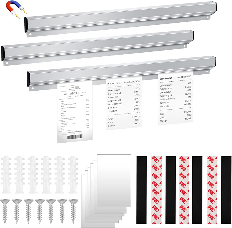 3 Pcs Ticket Rack Magnetic Note and Paper Holder Aluminum Slide Check Rack Ticket Holder for Restaurant with Strips Bill Orders Display Rail for Kitchen Restaurant Office Cafes Bar Pubs Note Organizer