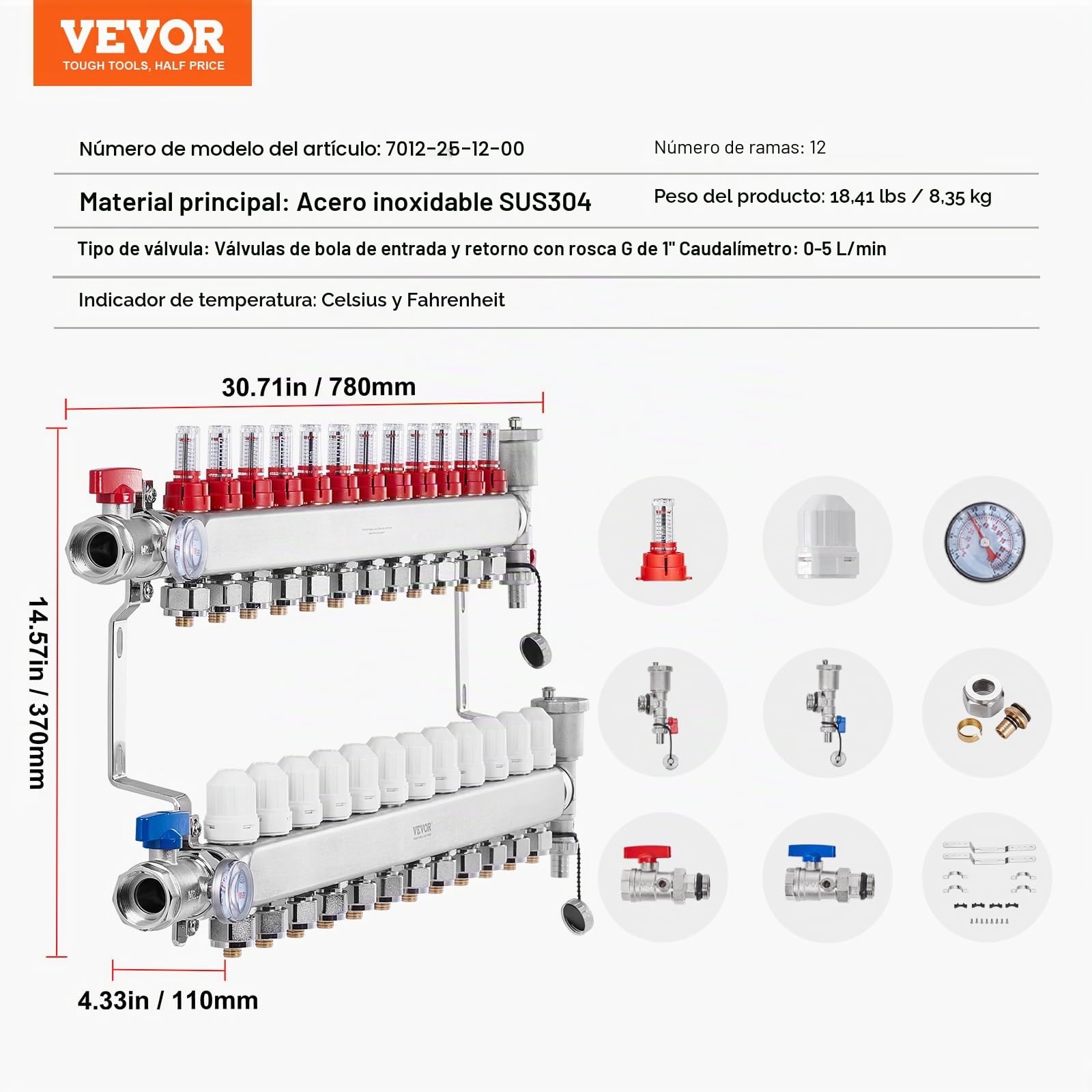 VEVOR Colector de Calor Radiante de 12 Derivaciones, Colector de Tubería PEX de Acero Inoxidable SUS304 para Calefacción por Suelo Radiante Hidrónico, con Adaptadores, 780 x 370 x 110 mm, 0-5 L/min