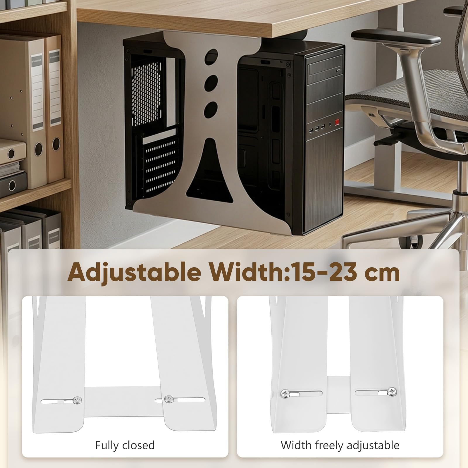 Supporto PC Sotto Scrivania,Supporto per PC,Larghezza Regolabile 15-23 cm,Fino a 30 kg,Per Molti Case PC,Eccellente Circolazione dell'Aria,Ideale per Ufficio,Casa,Aula,Montaggio Facile (Bianco)