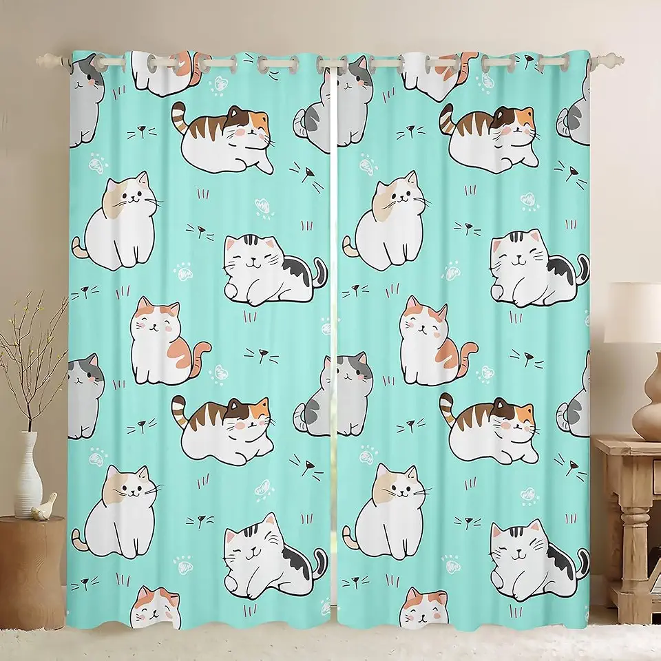 Cortinas de janela de gato, cortinas blackout com tema de animal de estimação fofas para crianças, adolescentes e jovens, cortinas decorativas com estampa de pata de gato branco para quarto e sala de