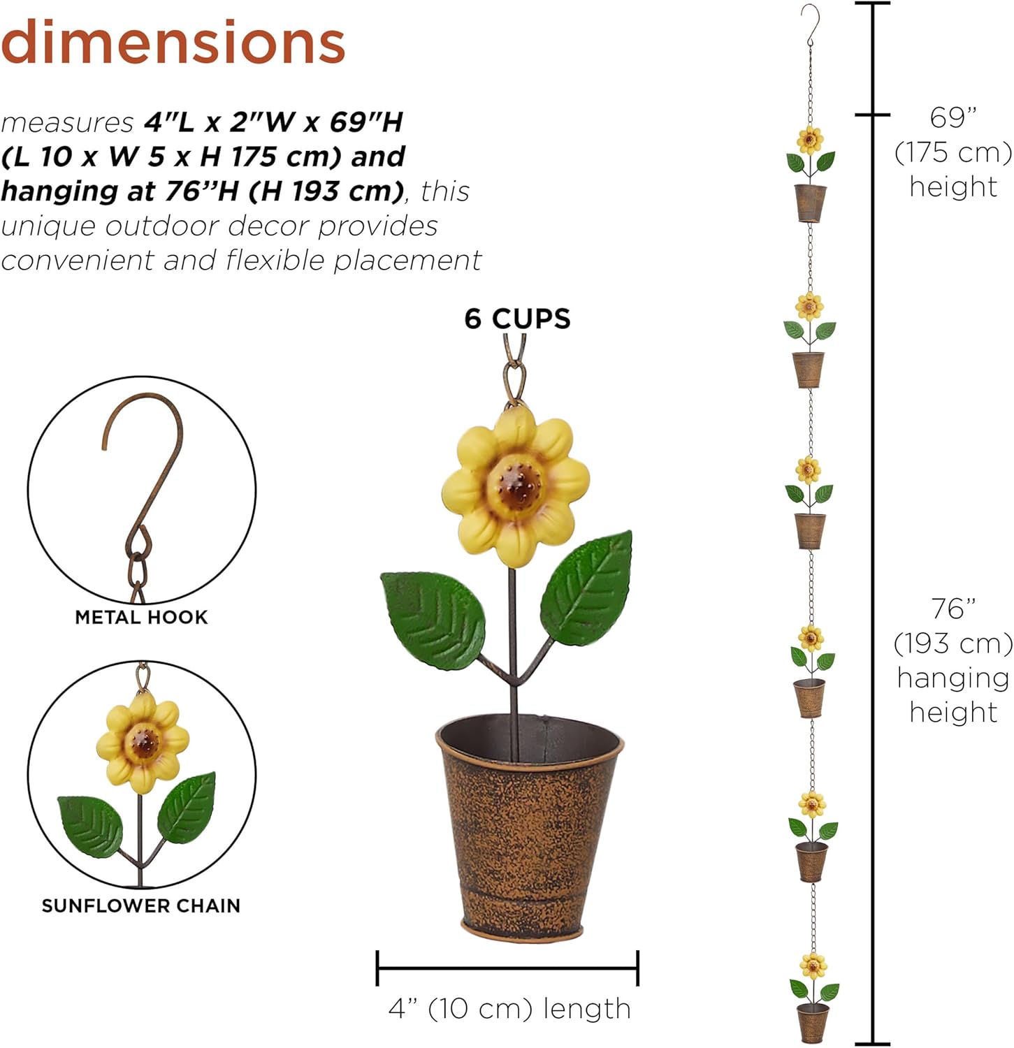 Alpine Corporation 76" H Outdoor Metal Sunflower Pot Rain Chains, Downsprout Rain Catchers Hanging Decor, Multicolor