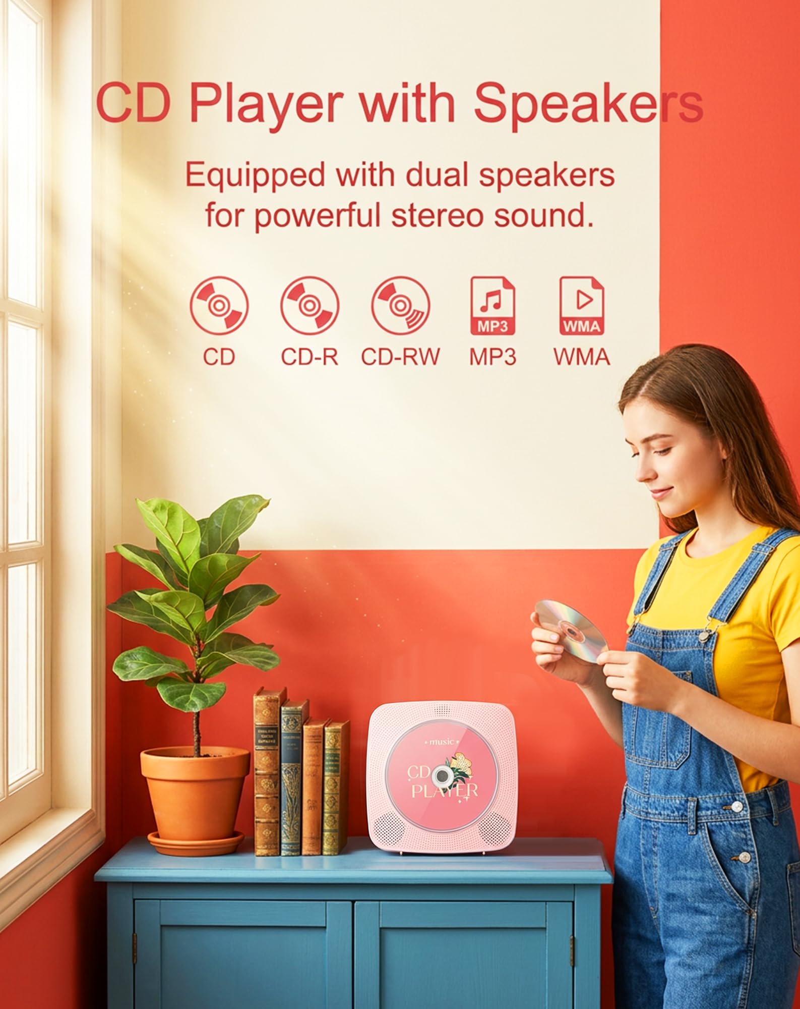 CD Player Tragbar Bluetooth Radio mit CD-Player mit Lautsprecher Unterstützung USB & AUX-Wiedergabe mit Fernbedienung Staubschutzhülle Rosa