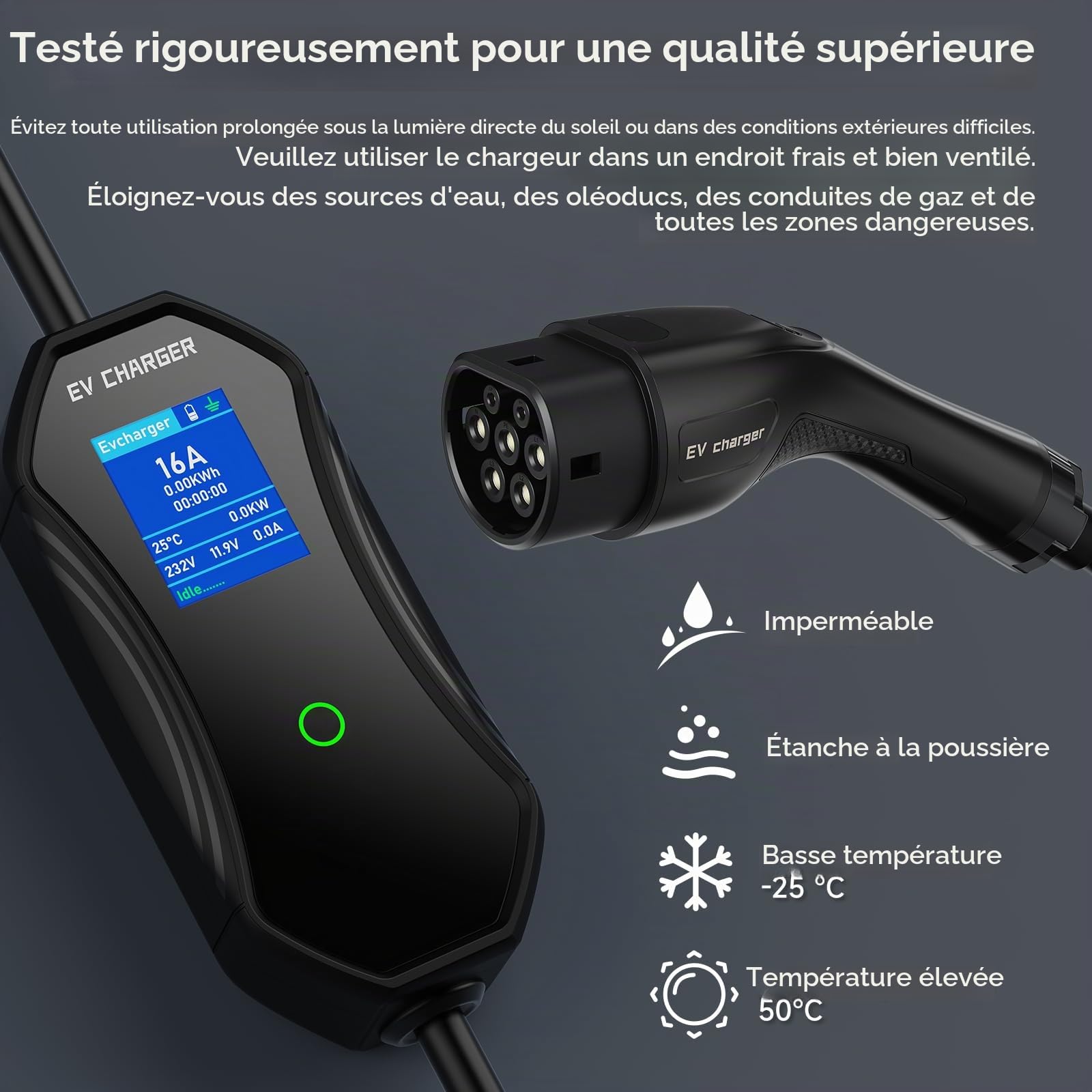 Chargeur Voiture Électrique 11kW, 8-16A Triphasé Type 2 CEE